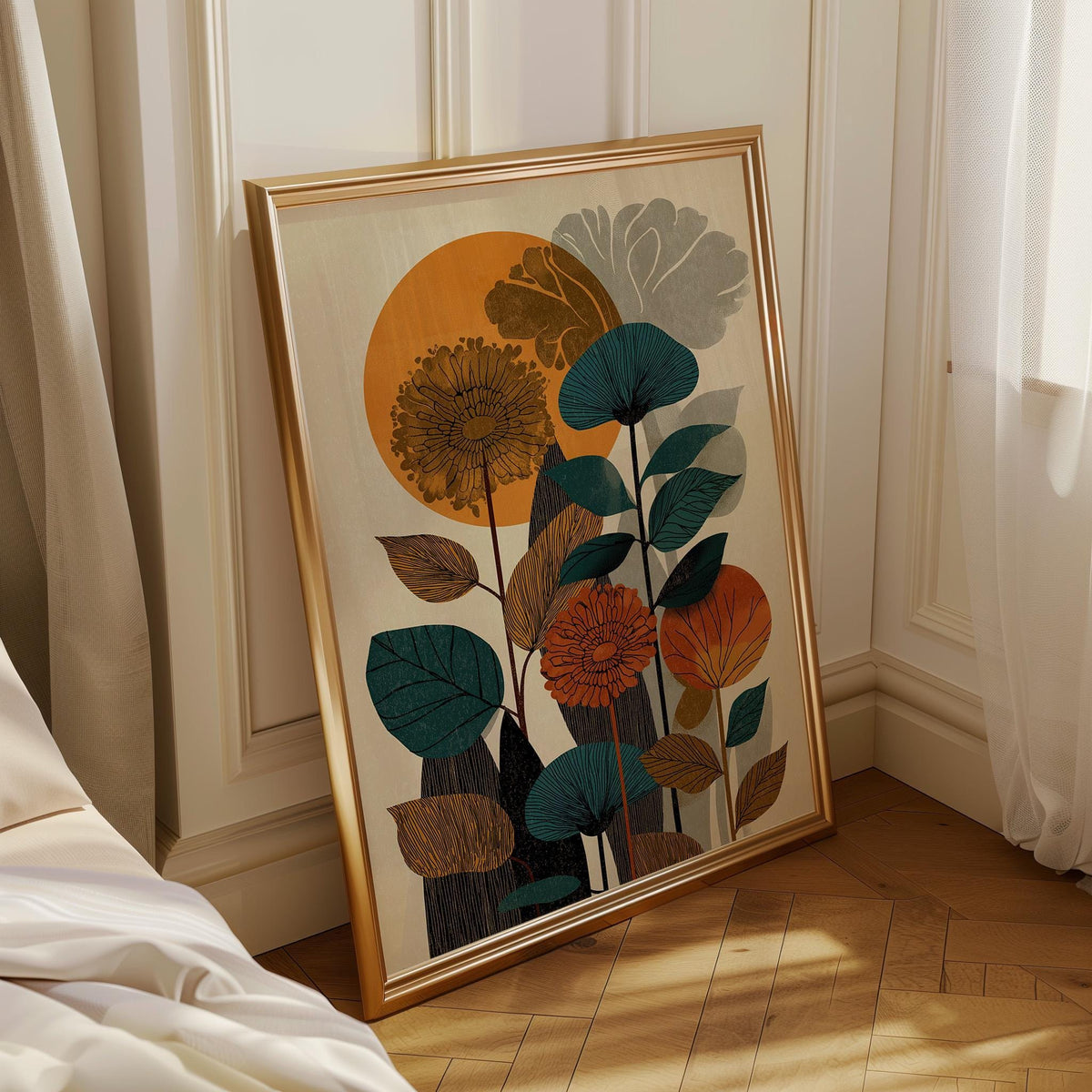 Mid Century Botanical Abstract Floral Retro Sun Scandinavian Wall Art