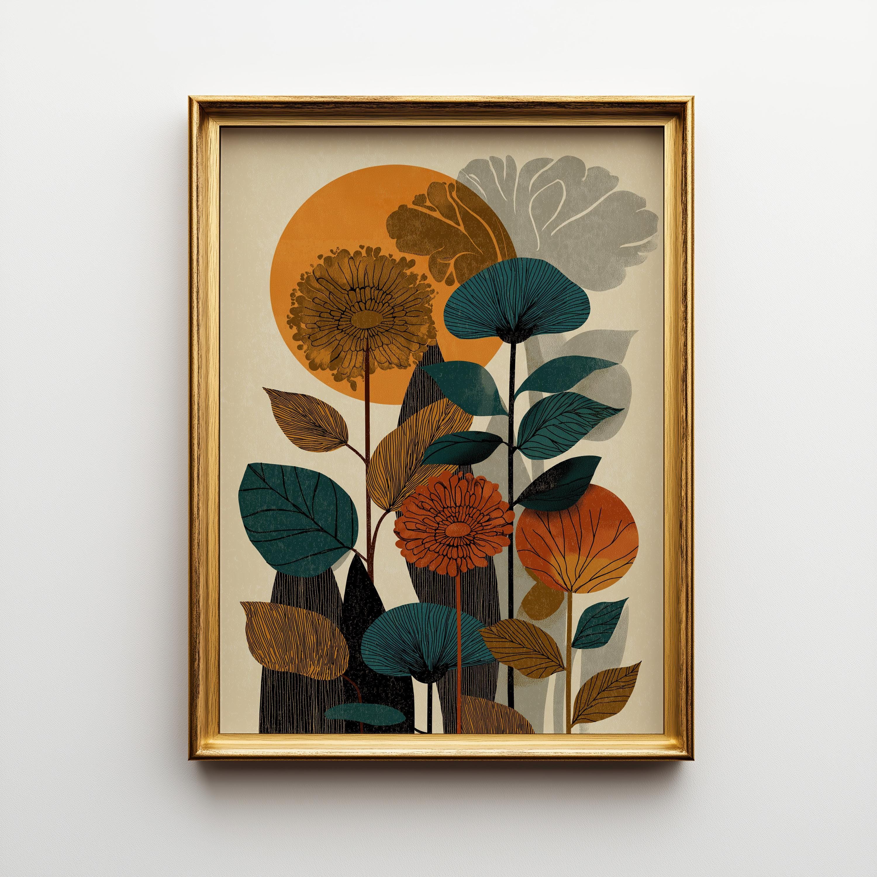 Mid Century Botanical Abstract Floral Retro Sun Scandinavian Wall Art