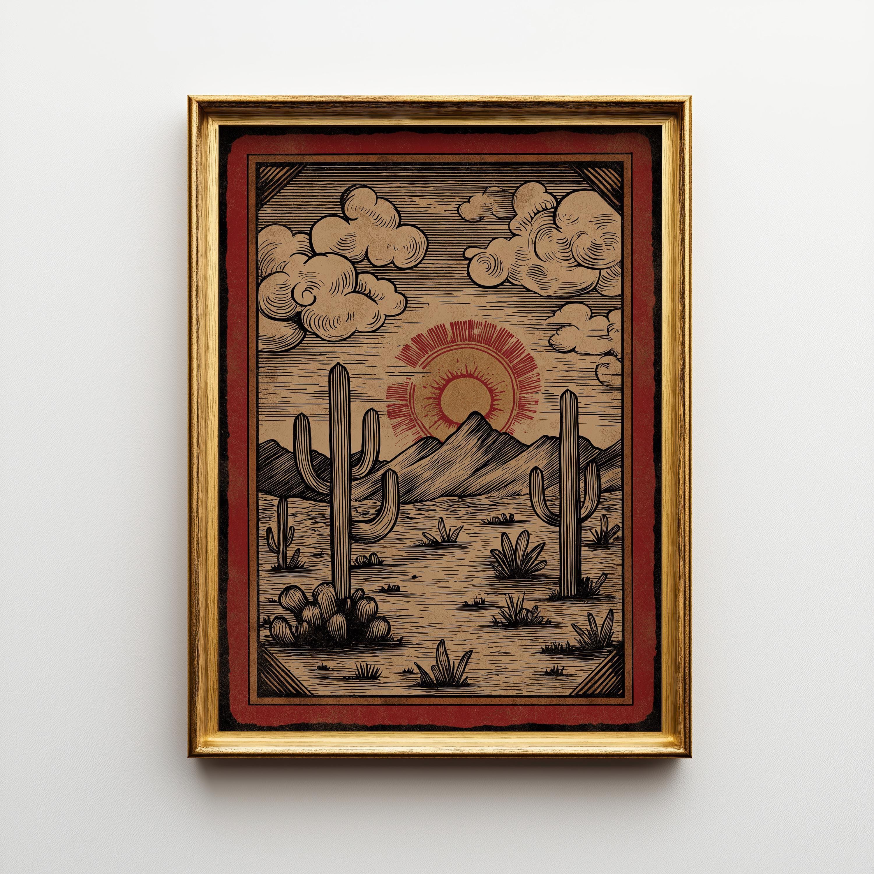 Western Desert Sunset Vintage Cactus Landscape Mountain Wall Art