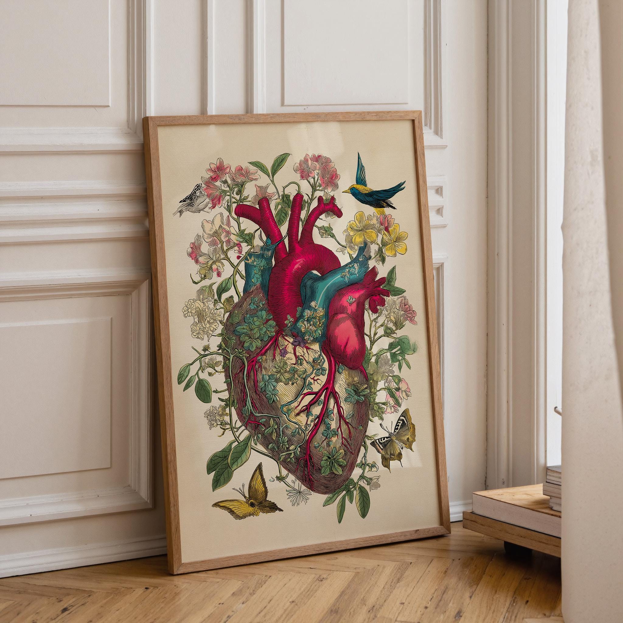 Red Anatomical Heart Vintage Botanical Floral Dark Academia Wall Art