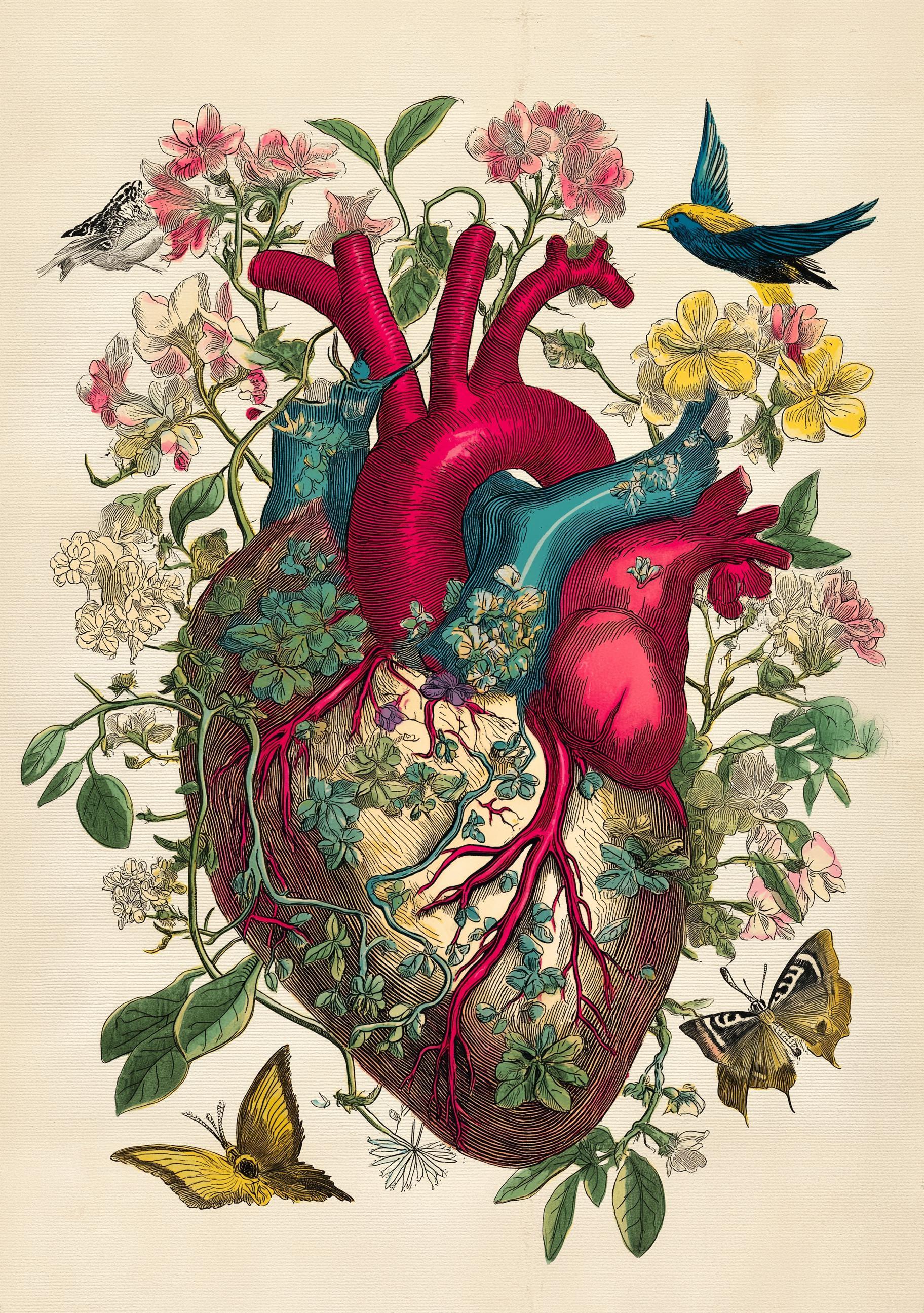 Red Anatomical Heart Vintage Botanical Floral Dark Academia Wall Art