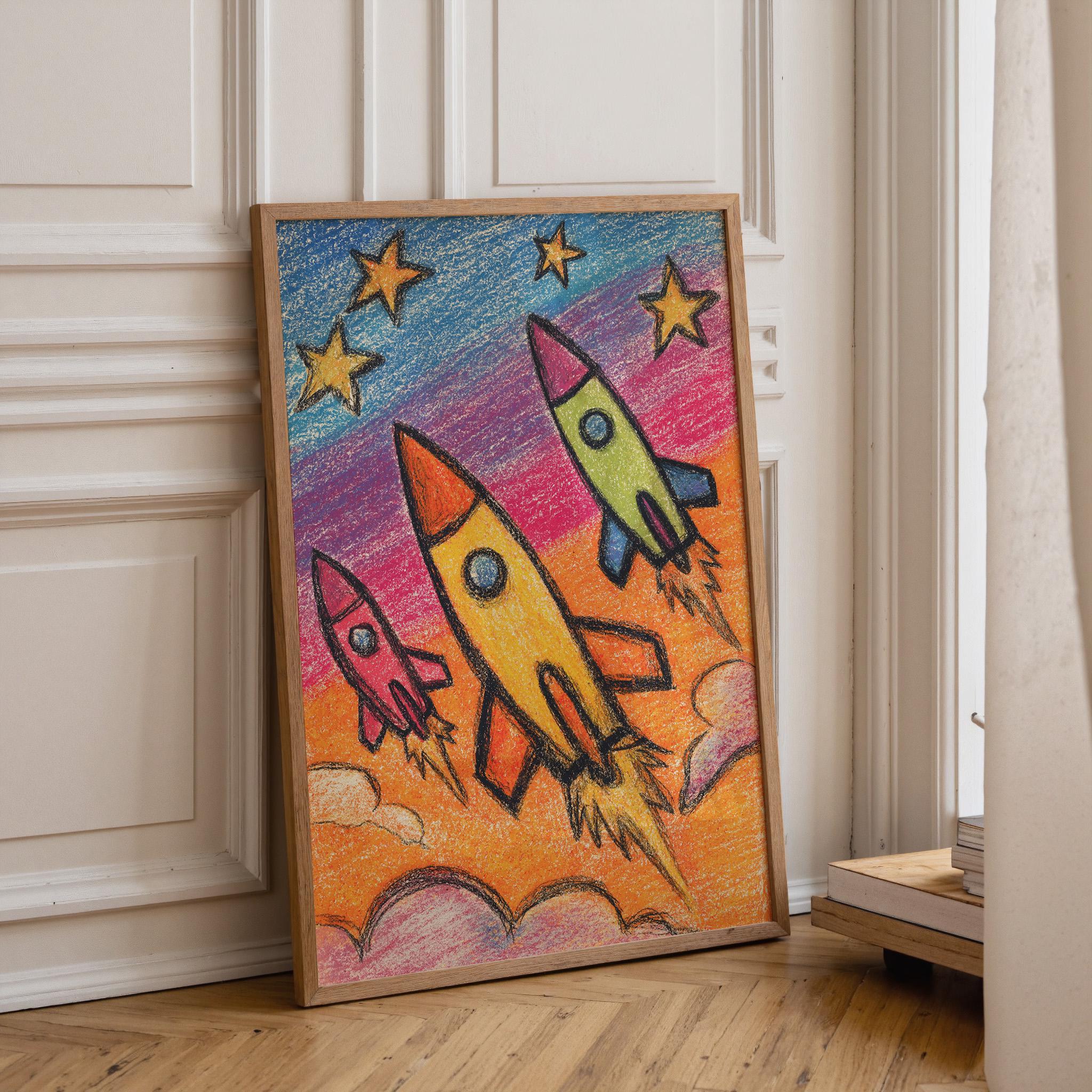 Kids Rocket Space Crayon Colorful Nursery Playroom Wall Art by The Wall Art Studio