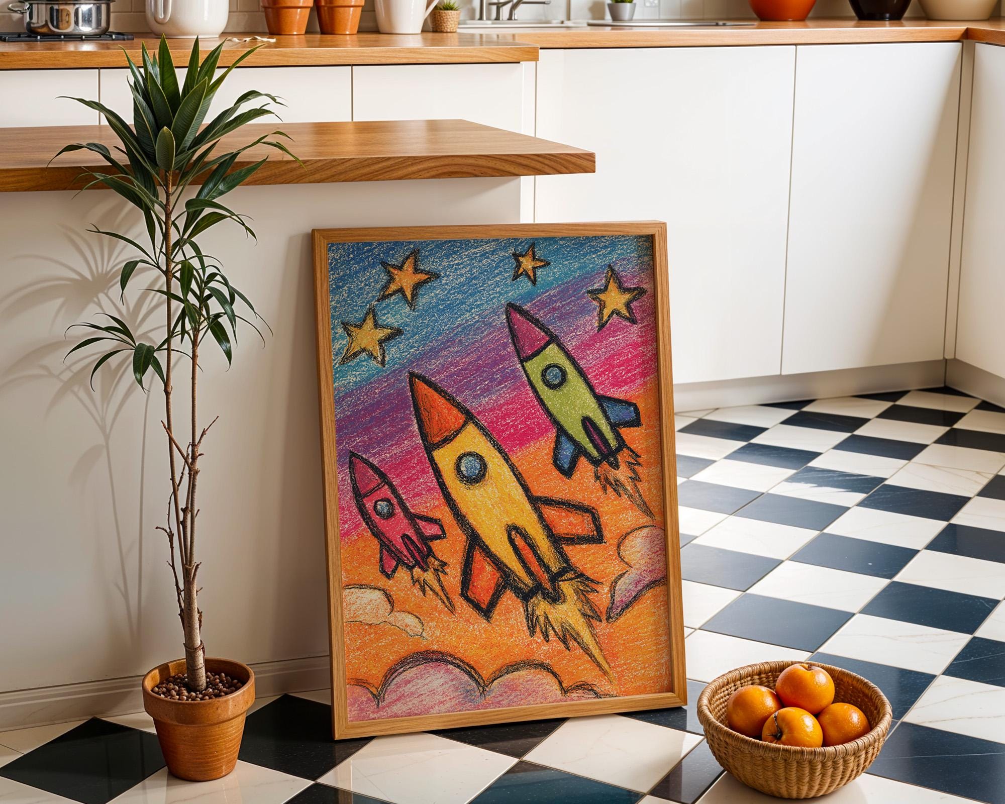 Kids Rocket Space Crayon Colorful Nursery Playroom Wall Art by The Wall Art Studio