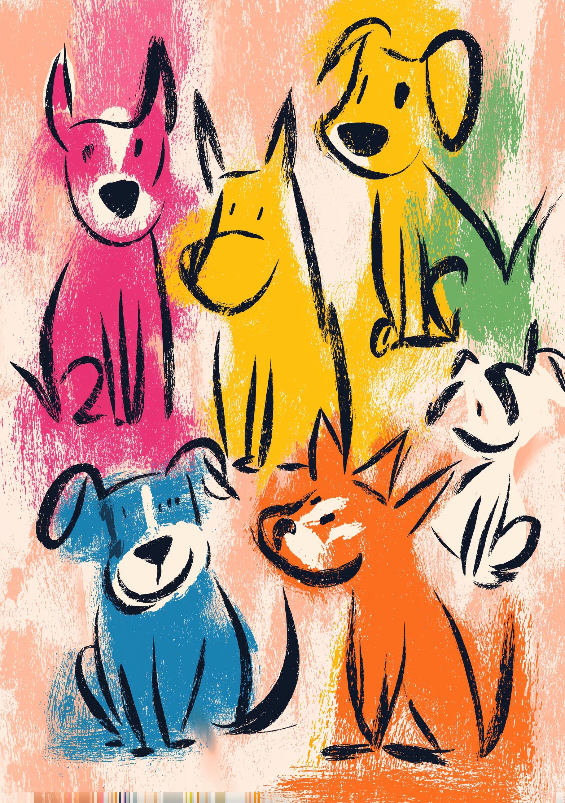 Colorful Dog Kids Animal Nursery Crayon Style Puppy Wall Art by The Wall Art Studio