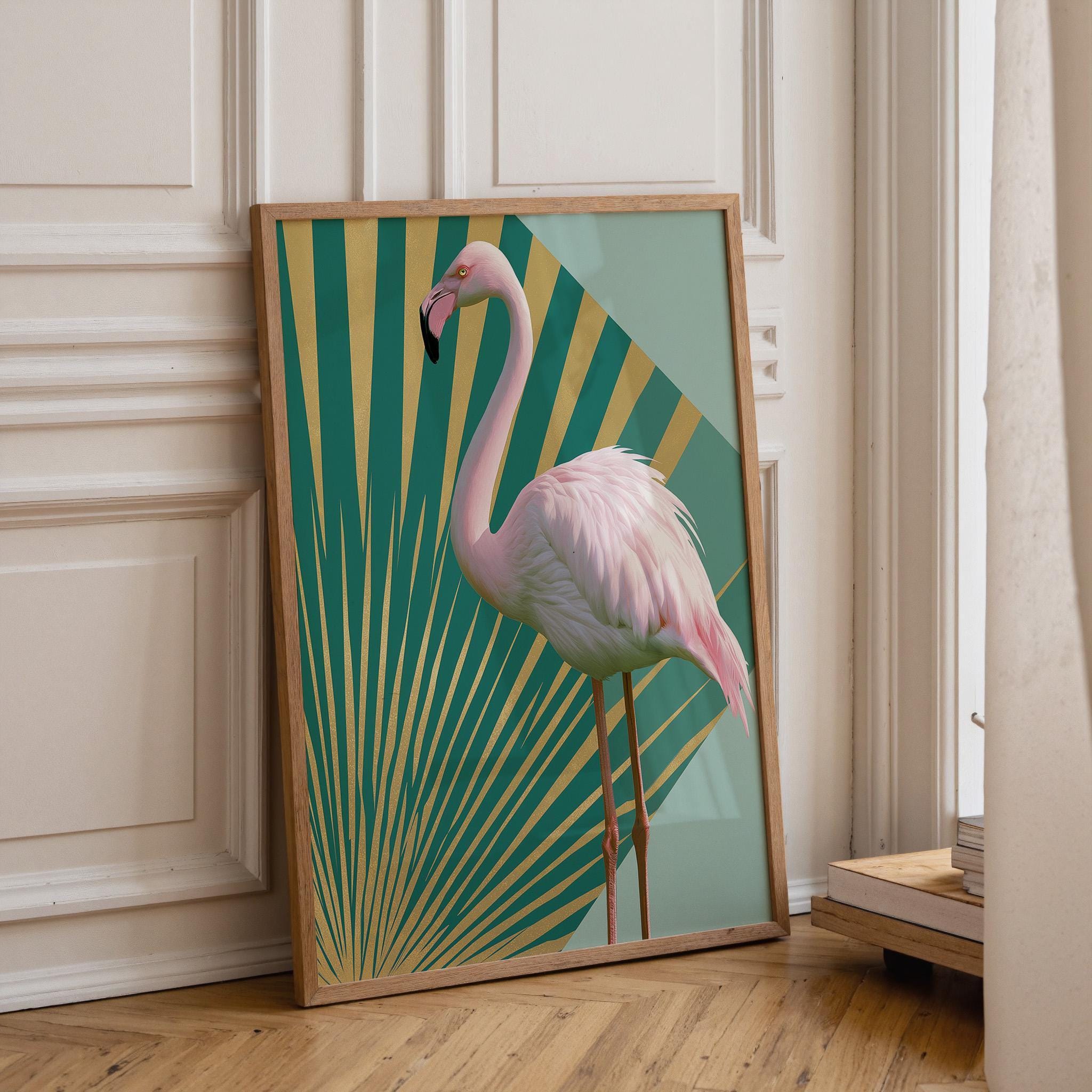 Emerald Gold Pink Tropical Art Deco Flamingo Wall Art by The Wall Art Studio