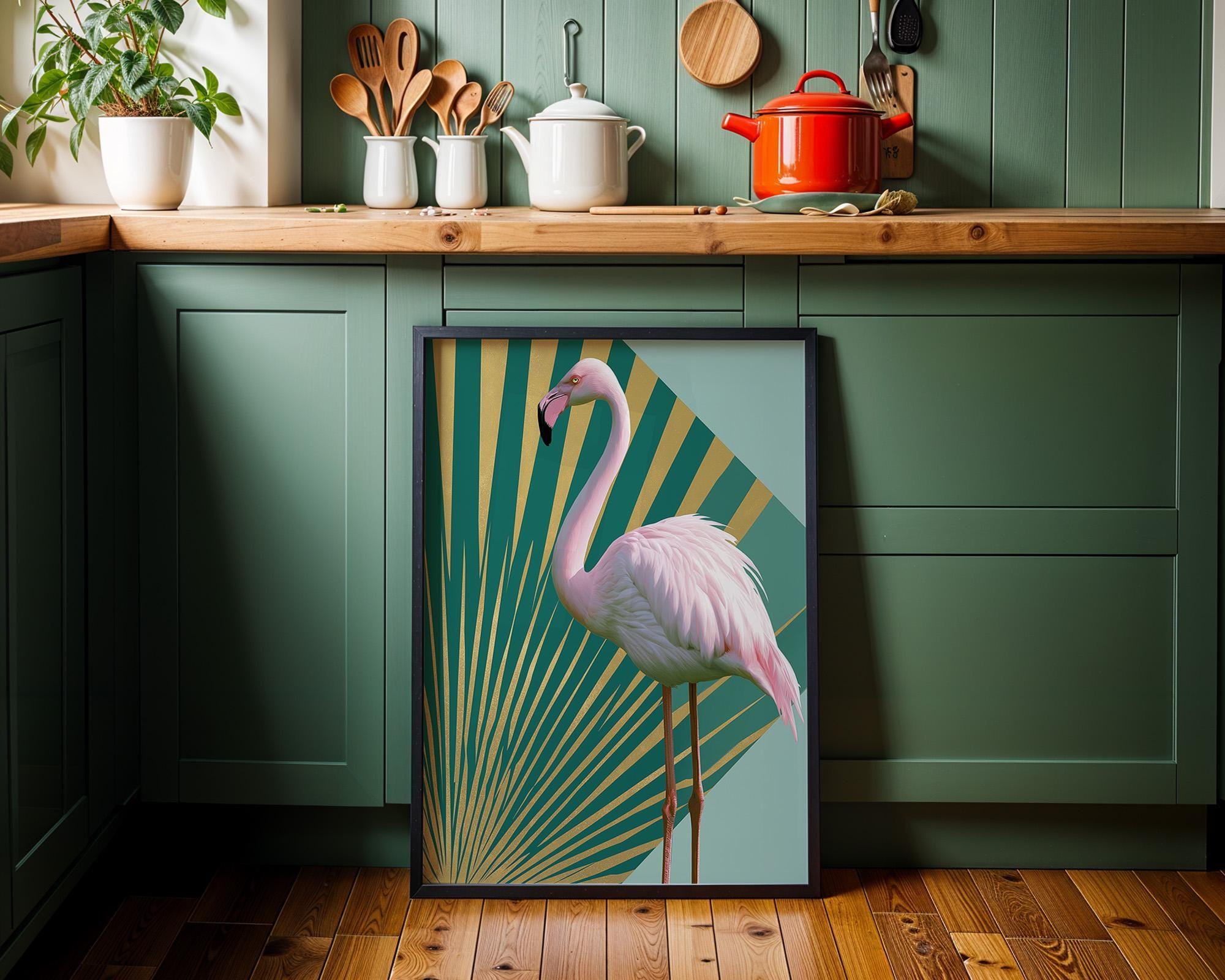 Emerald Gold Pink Tropical Art Deco Flamingo Wall Art by The Wall Art Studio