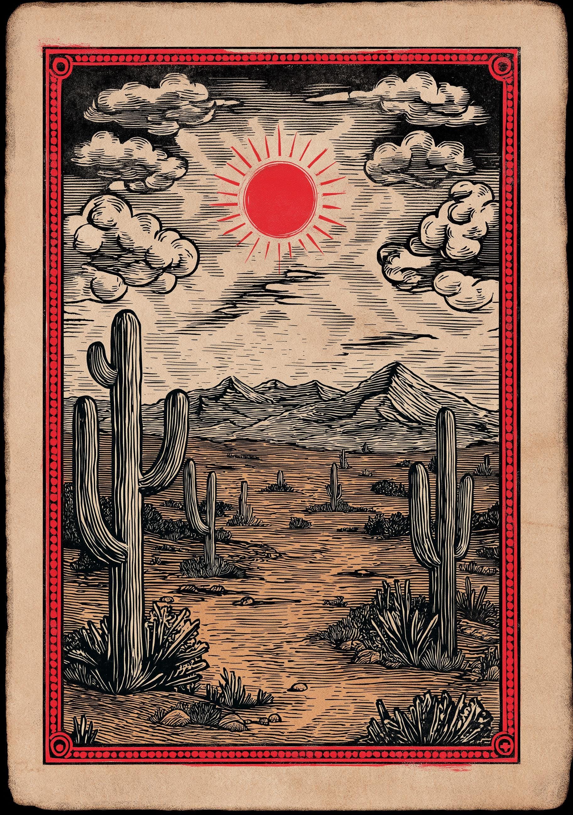 Western Desert Sunset Vintage Cactus Southwestern Mountain Wall Art