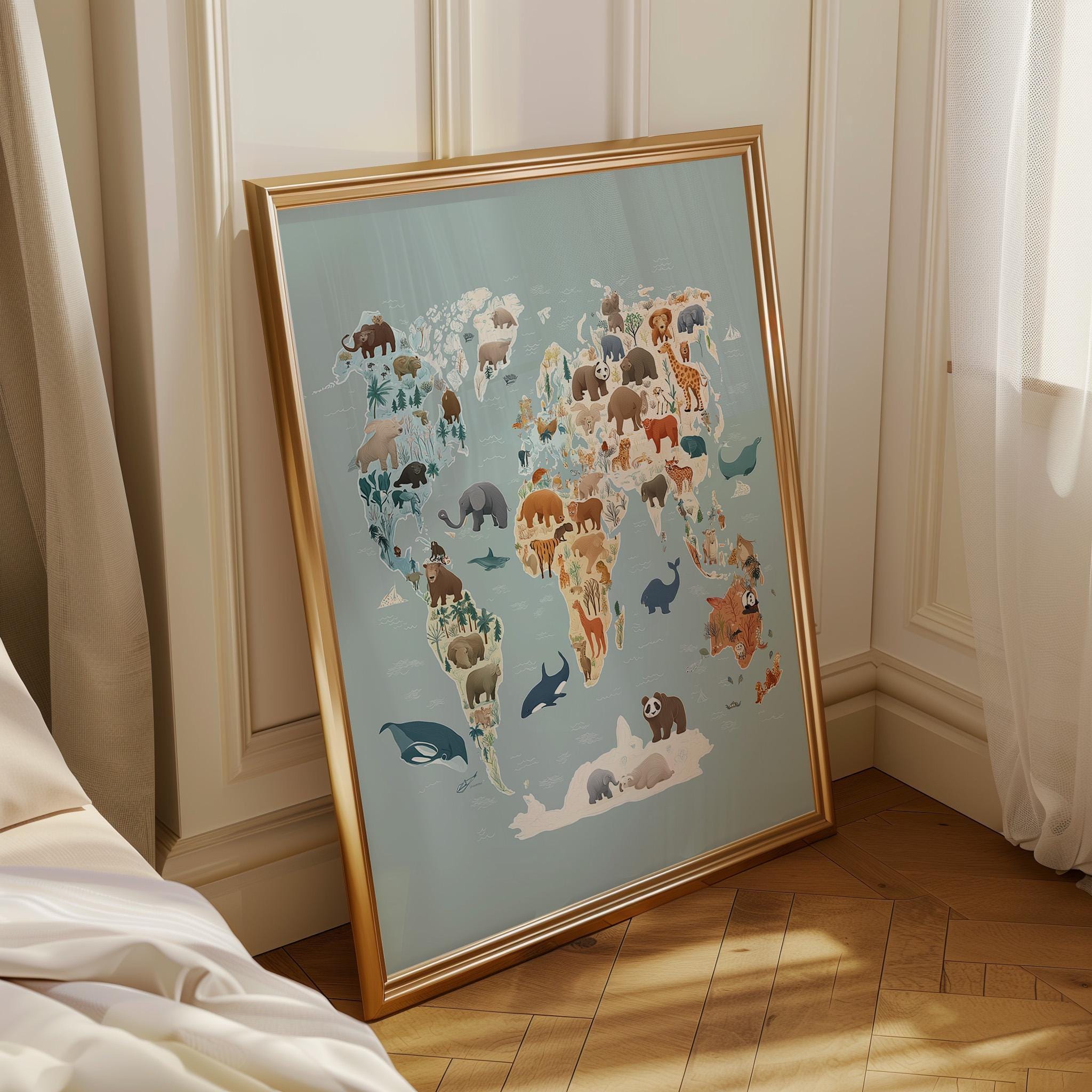 Animal World Map Safari Wildlife Playroom Nursery Wall Art by The Wall Art Studio