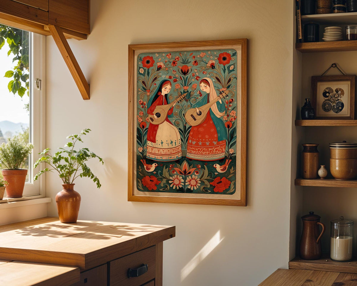 Folk Art Music Vintage Scandinavian Floral Guitar Nordic Boho Wall Art by The Wall Art Studio
