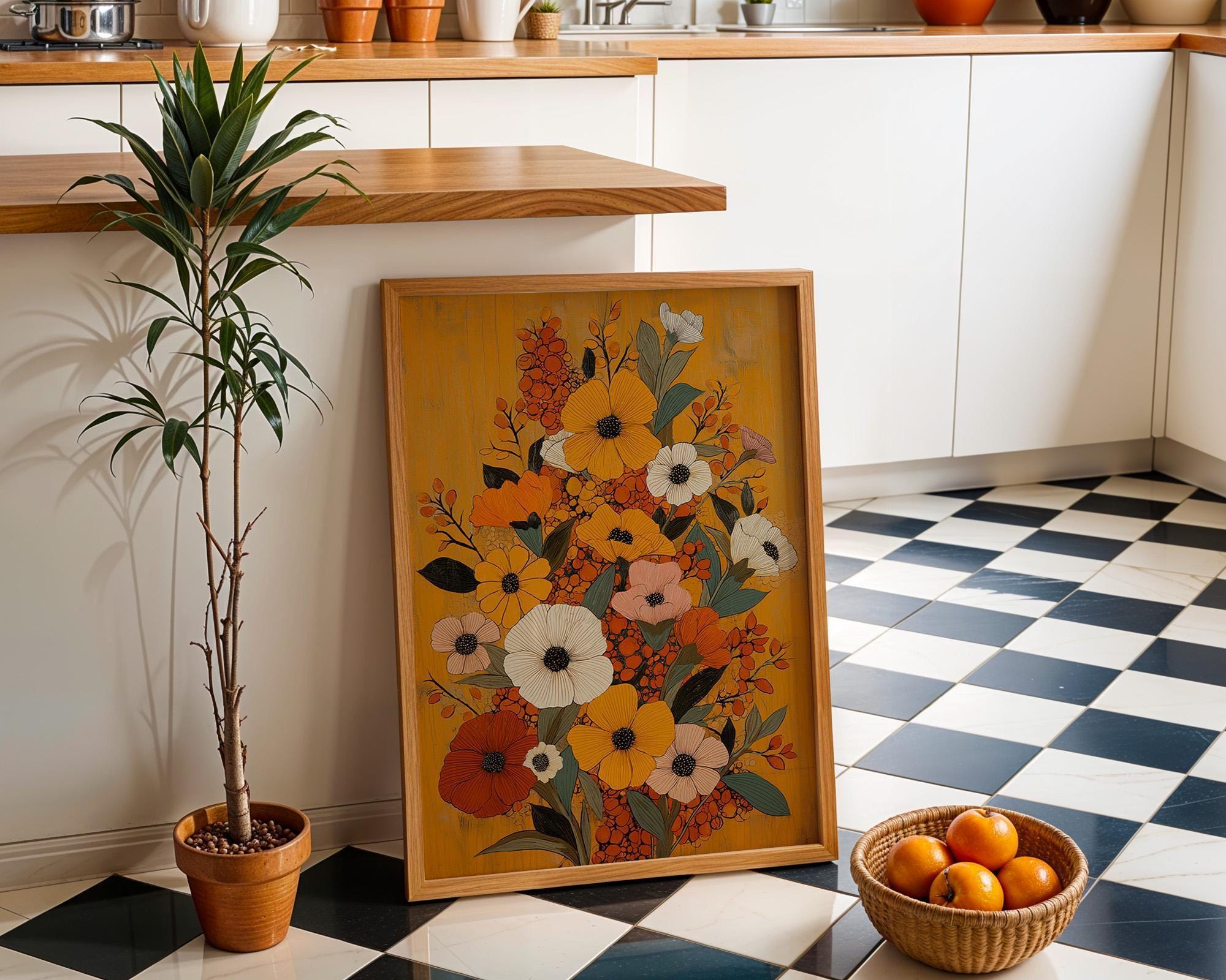 Mustard Yellow Floral Retro Botanical Autumn Wildflower Mid Century Modern Wall Art