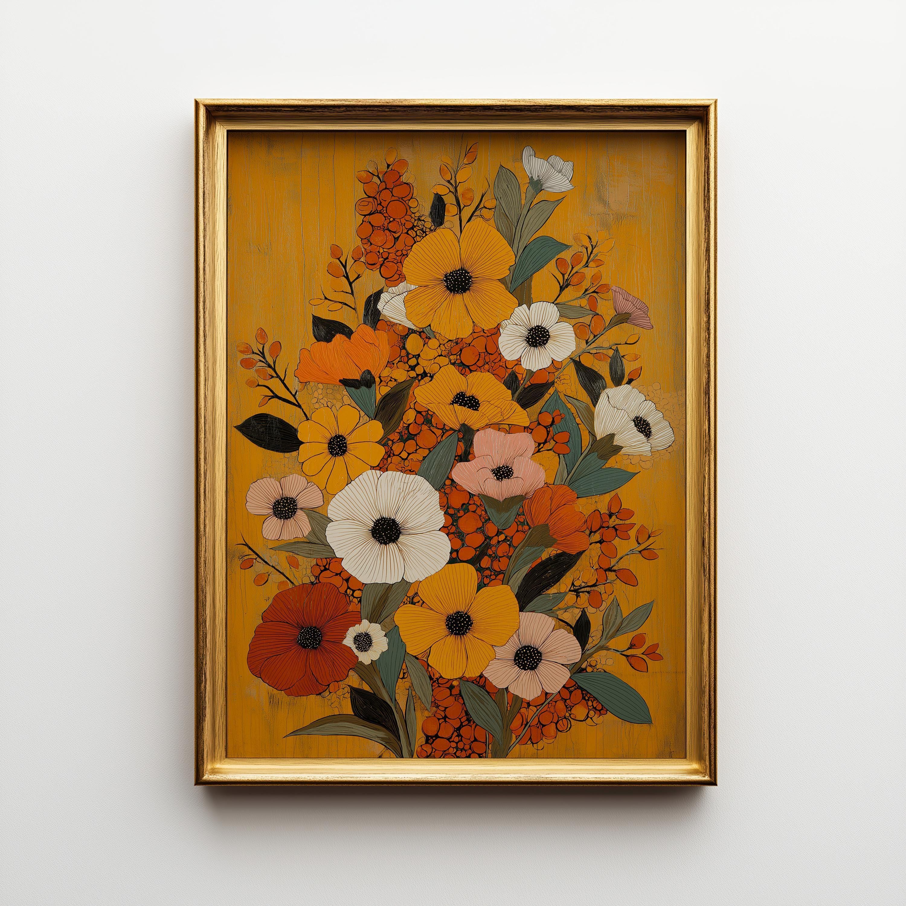 Mustard Yellow Floral Retro Botanical Autumn Wildflower Mid Century Modern Wall Art