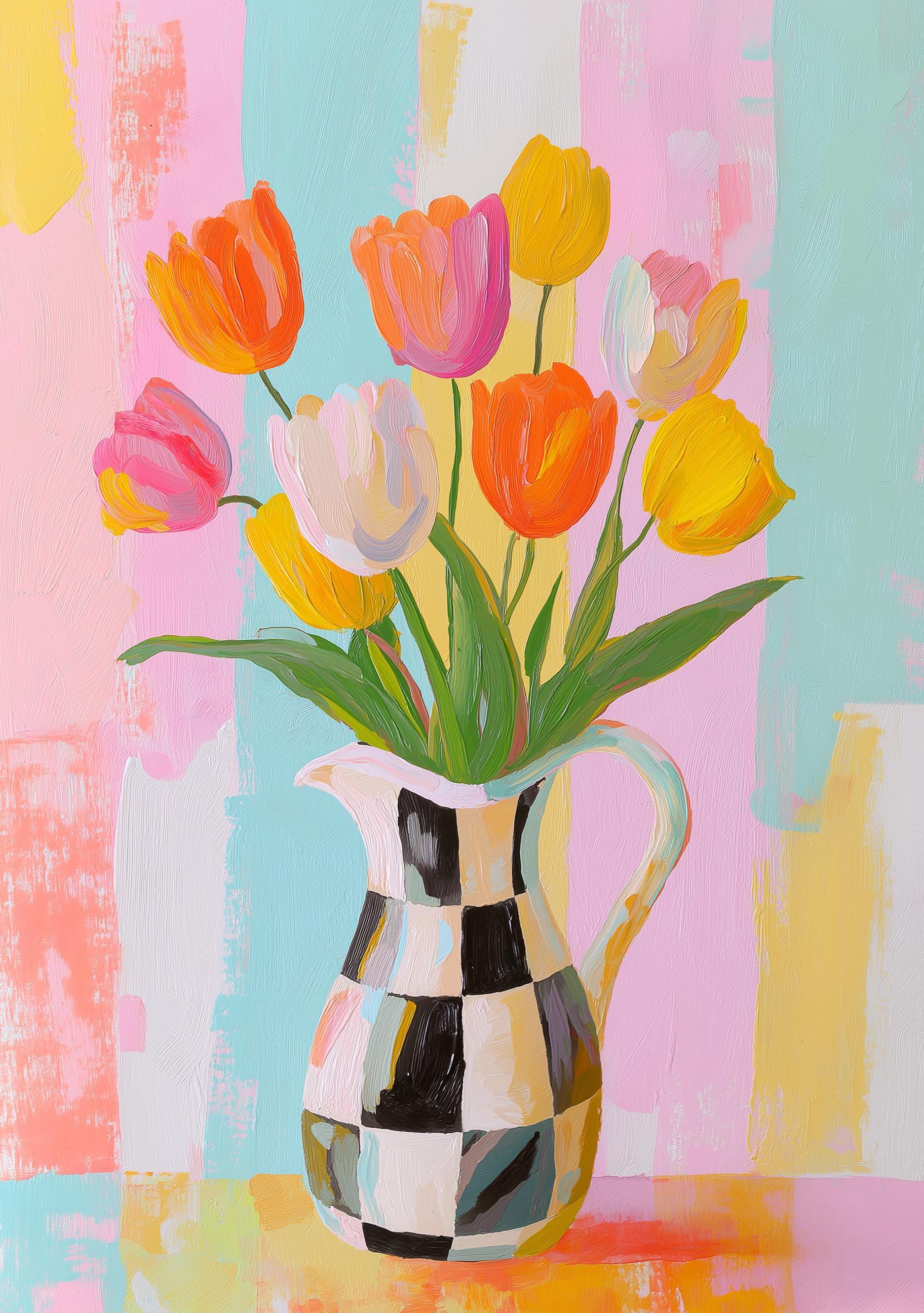 Pastel Tulip Vase Checkered Modern Floral Wall Art