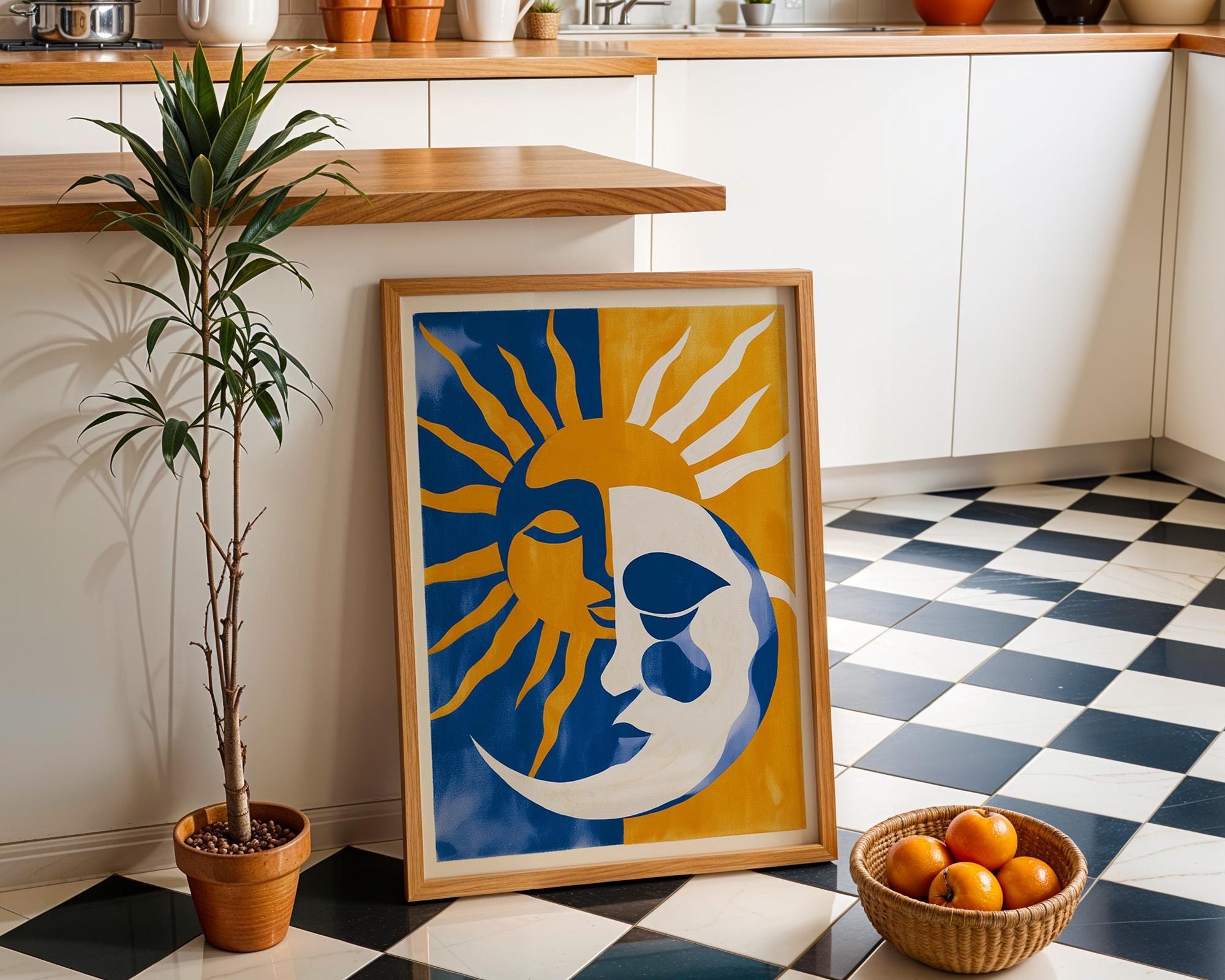 Sun Moon Celestial Blue & Yellow Boho Mediterranean Coastal Wall Art by The Wall Art Studio