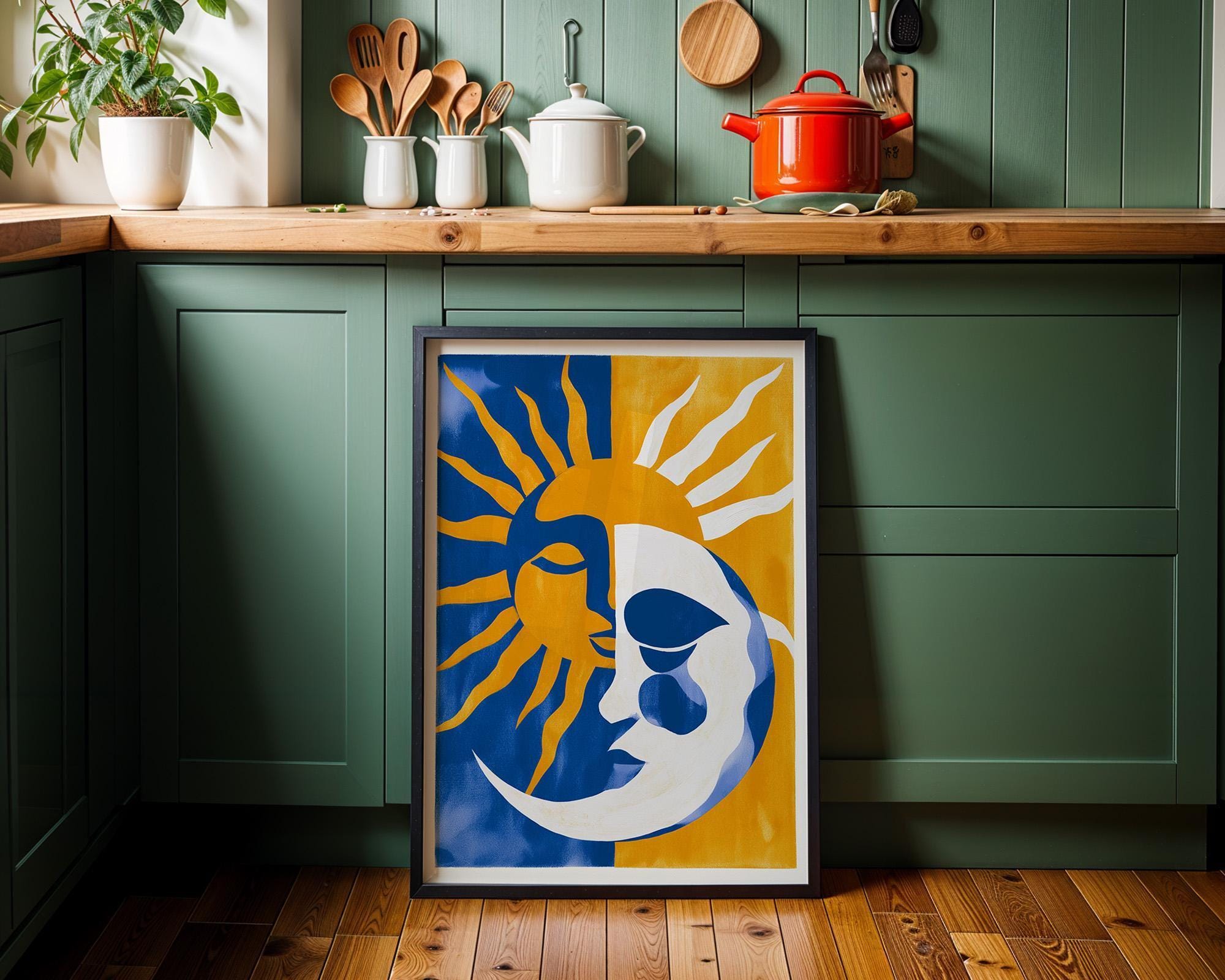 Sun Moon Celestial Blue & Yellow Boho Mediterranean Coastal Wall Art by The Wall Art Studio