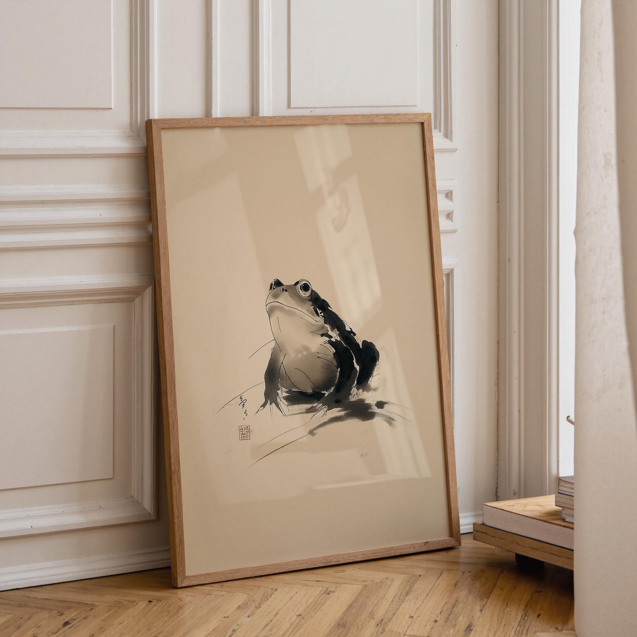 Japanese Sumi-e Art Black and White Wabi-Sabi Frog Wall Art by The Wall Art Studio
