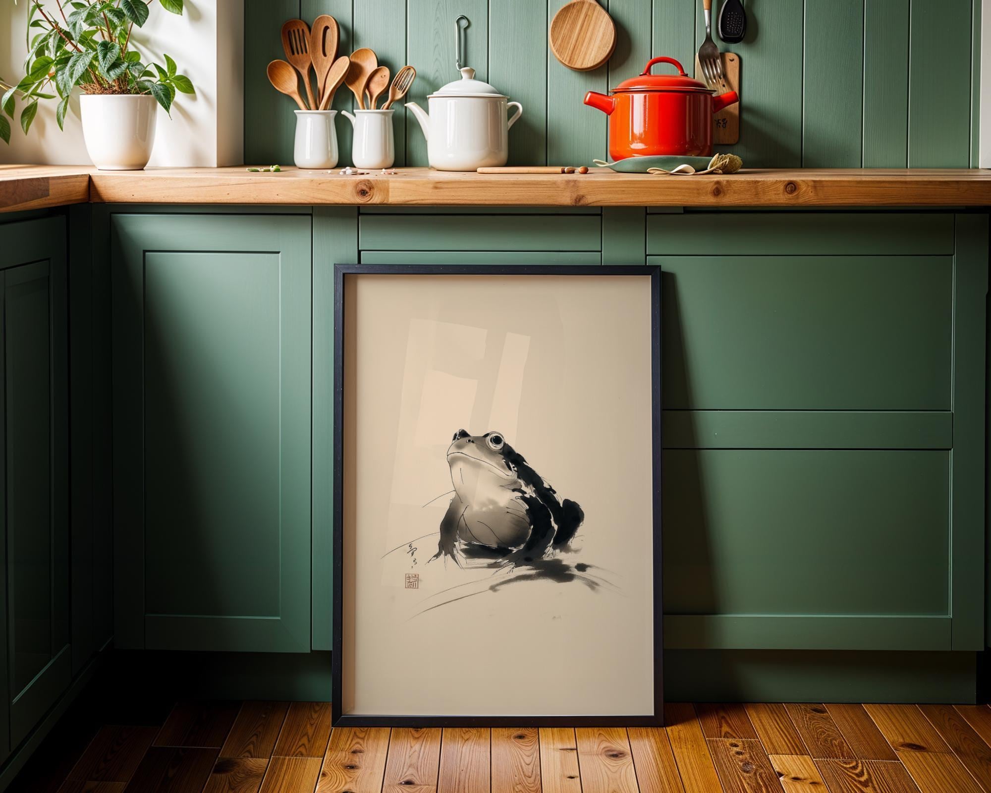 Japanese Sumi-e Art Black and White Wabi-Sabi Frog Wall Art by The Wall Art Studio