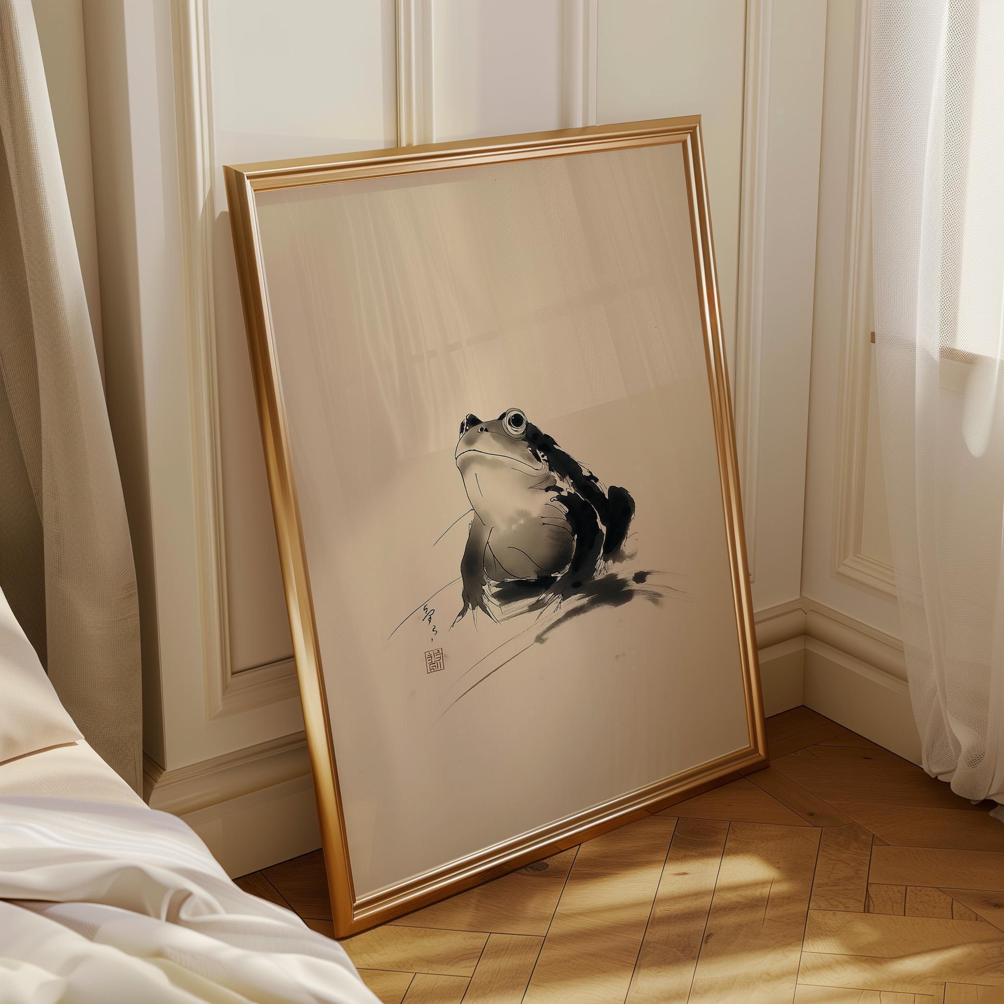 Japanese Sumi-e Art Black and White Wabi-Sabi Frog Wall Art by The Wall Art Studio