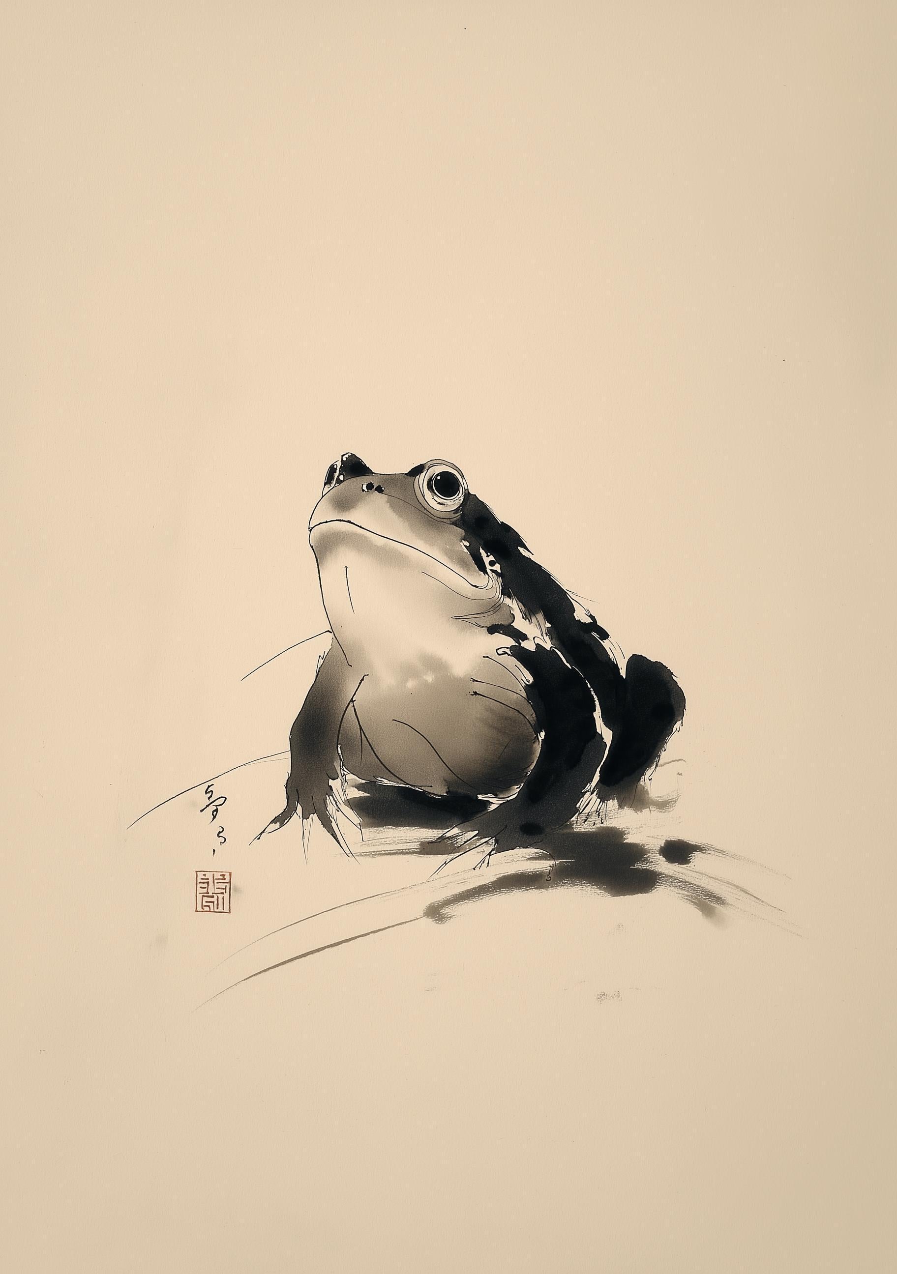Japanese Sumi-e Art Black and White Wabi-Sabi Frog Wall Art by The Wall Art Studio