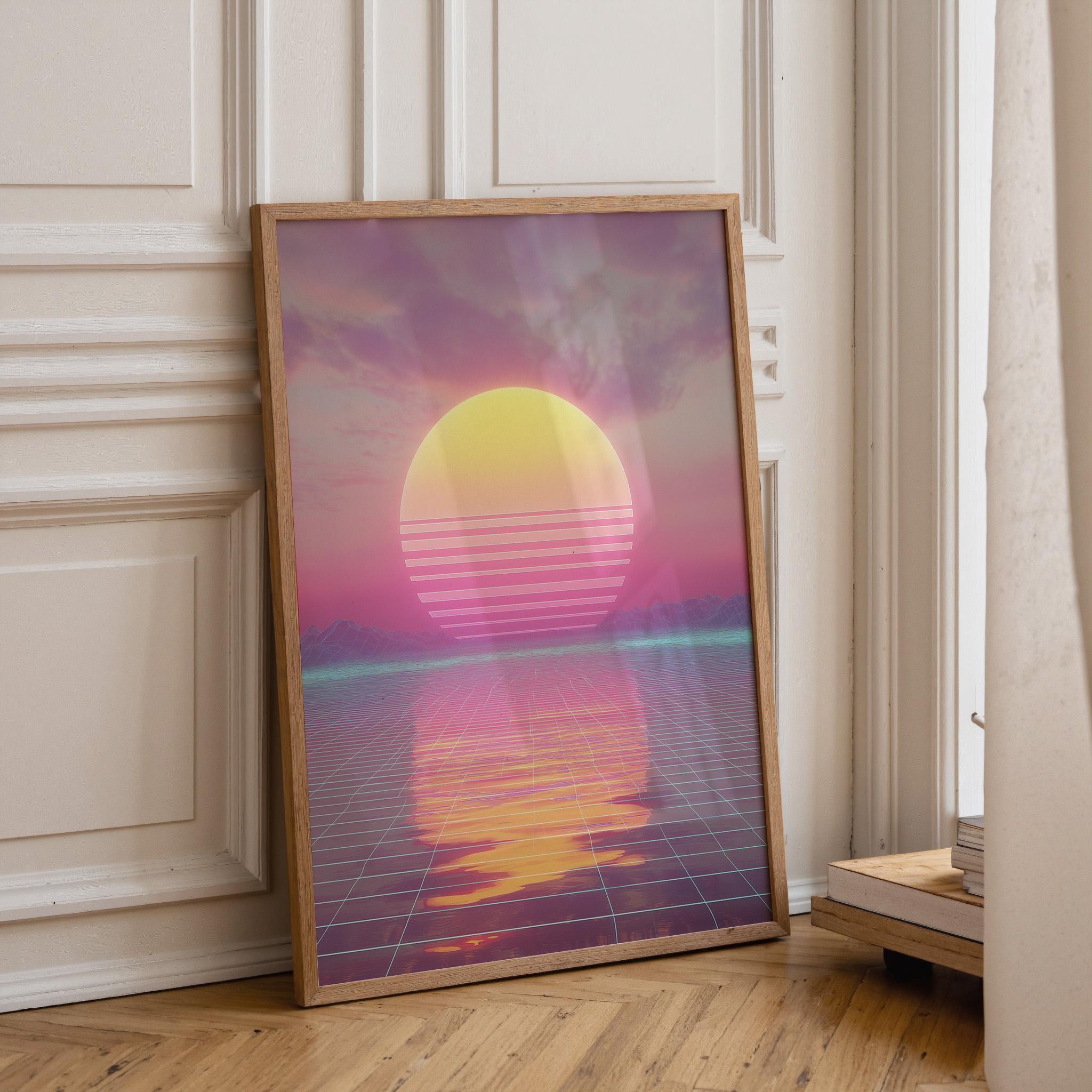 Retro Futuristic 80s Synthwave Sunset Wall Art by The Wall Art Studio