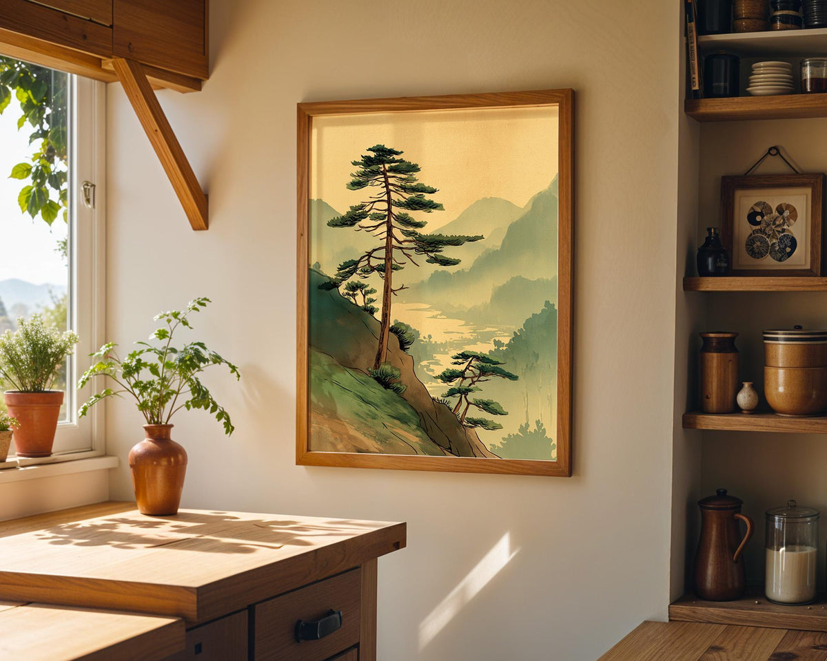 Japanese Landscape Vintage Mountain Pine Tree Wall Art by The Wall Art Studio