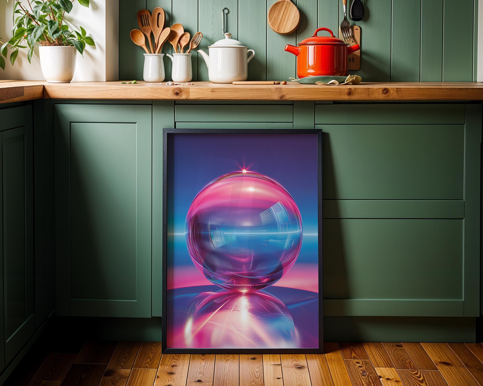 1980s Retro Futuristic Neon Synthwave Chrome Sphere Wall Art by The Wall Art Studio
