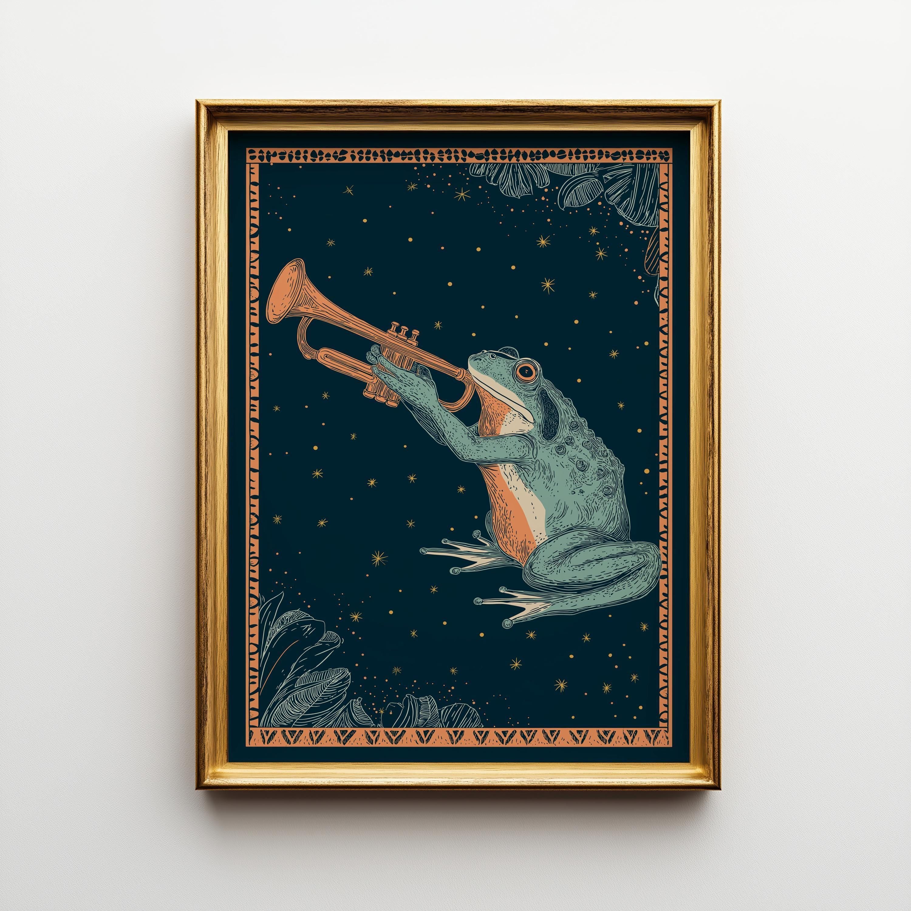 Vintage Frog Trumpet Whimsical Night Sky Wall Art by The Wall Art Studio