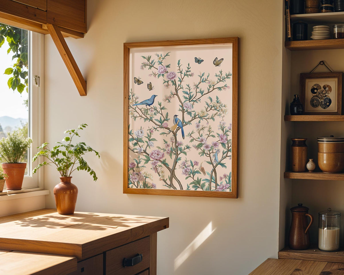 Chinoiserie Garden Vintage Bird & Butterfly Botanical Floral Wall Art by The Wall Art Studio - physical