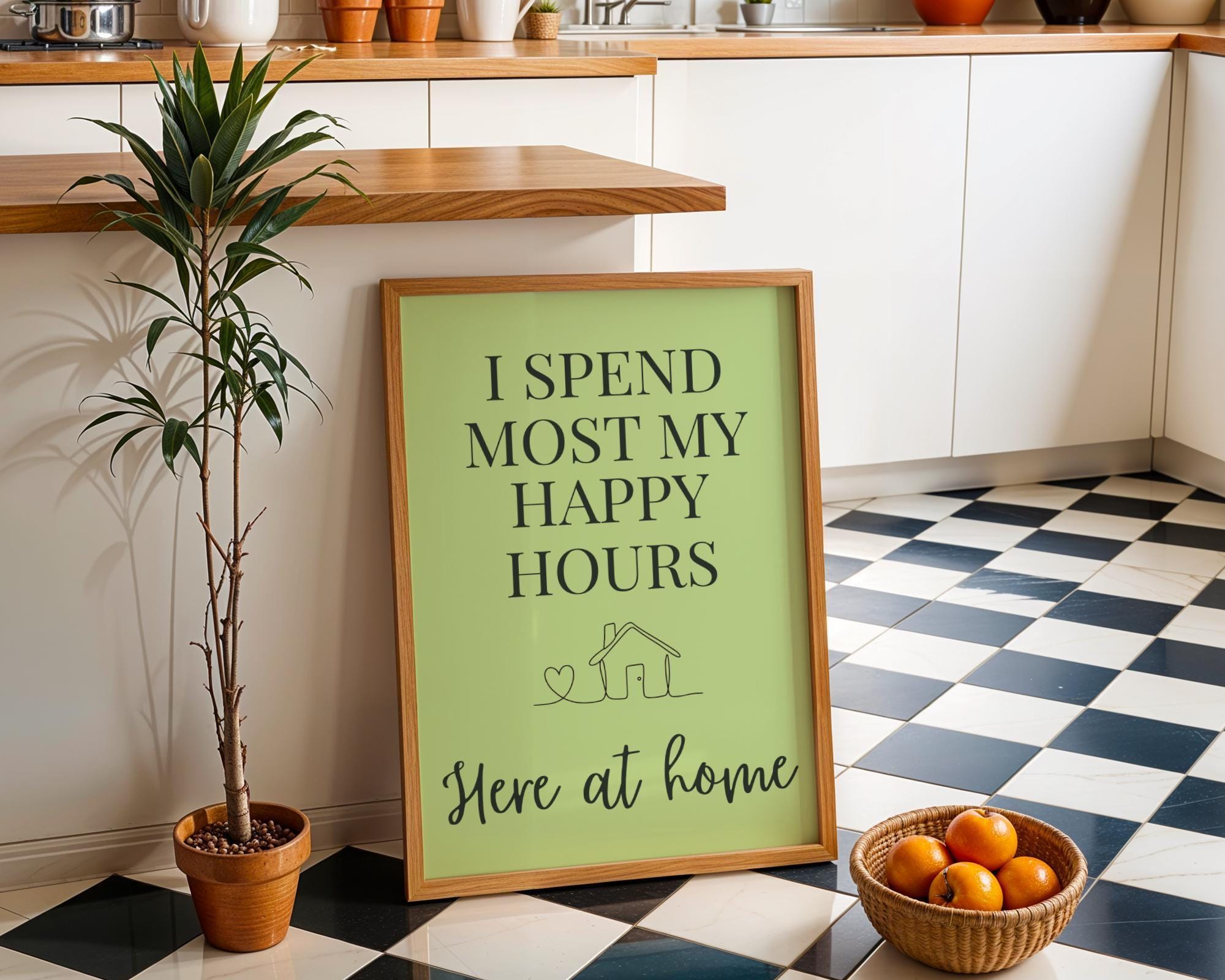 Lime Green Quote Wall Art "I Spend Most My Happy Hours Here at Home" by The Wall Art Studio