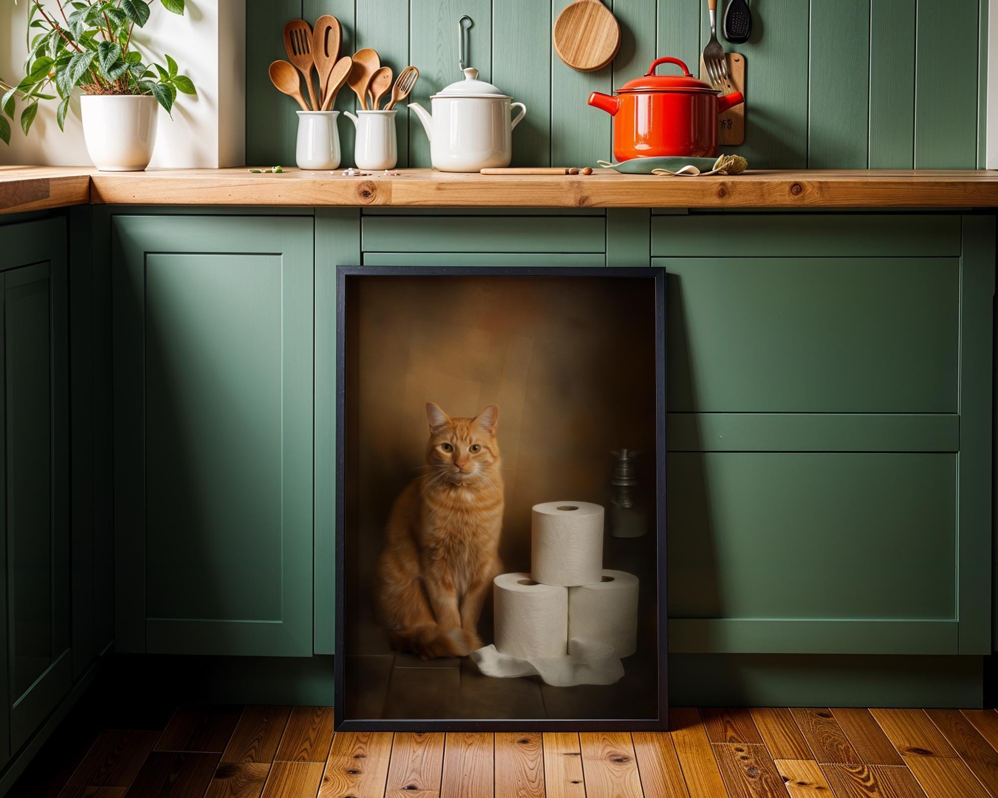 Funny Bathroom Ginger Cat on Toilet Wall Art by The Wall Art Studio