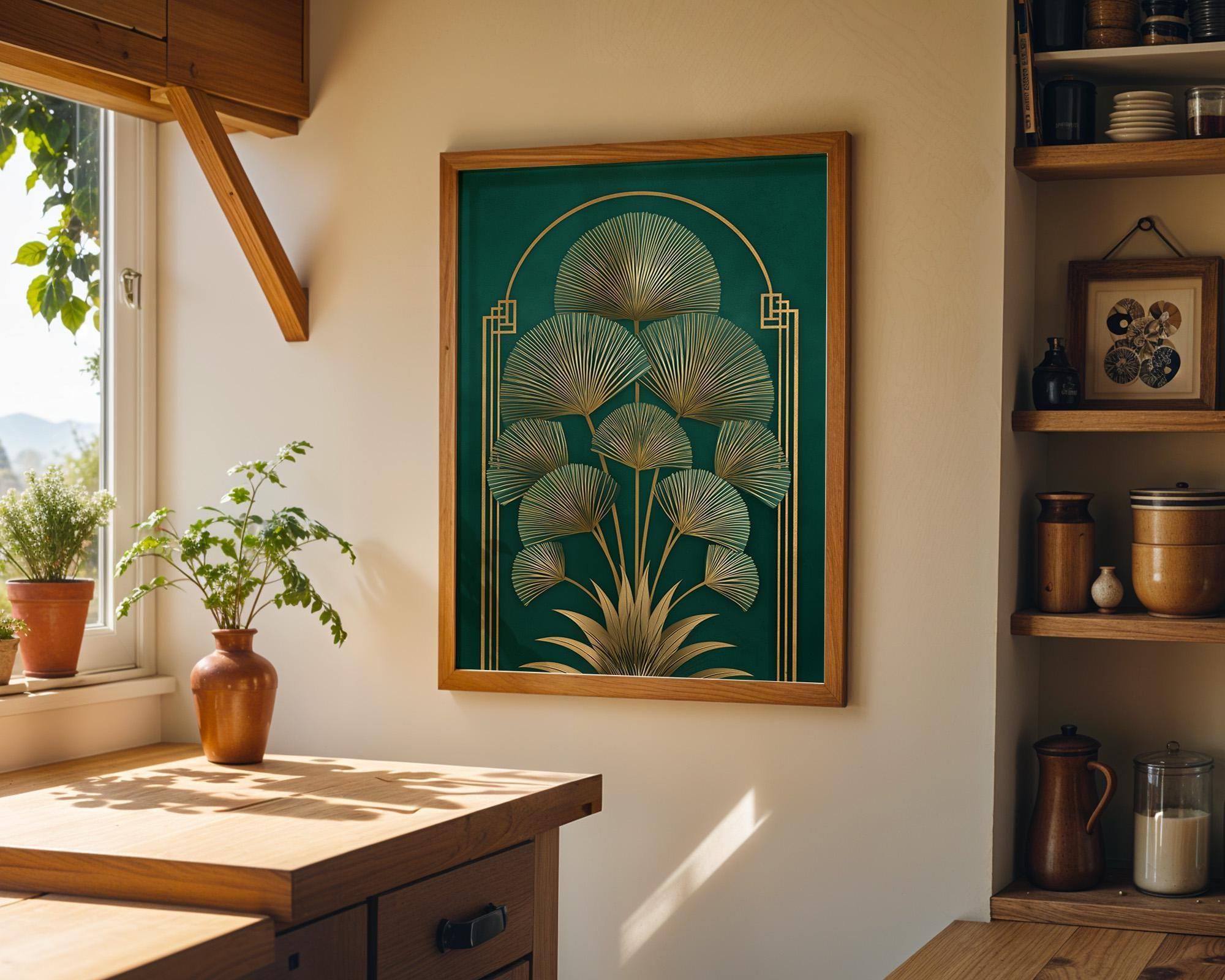Art Deco Botanical Green & Gold Elegant Leaf Wall Art by The Wall Art Studio