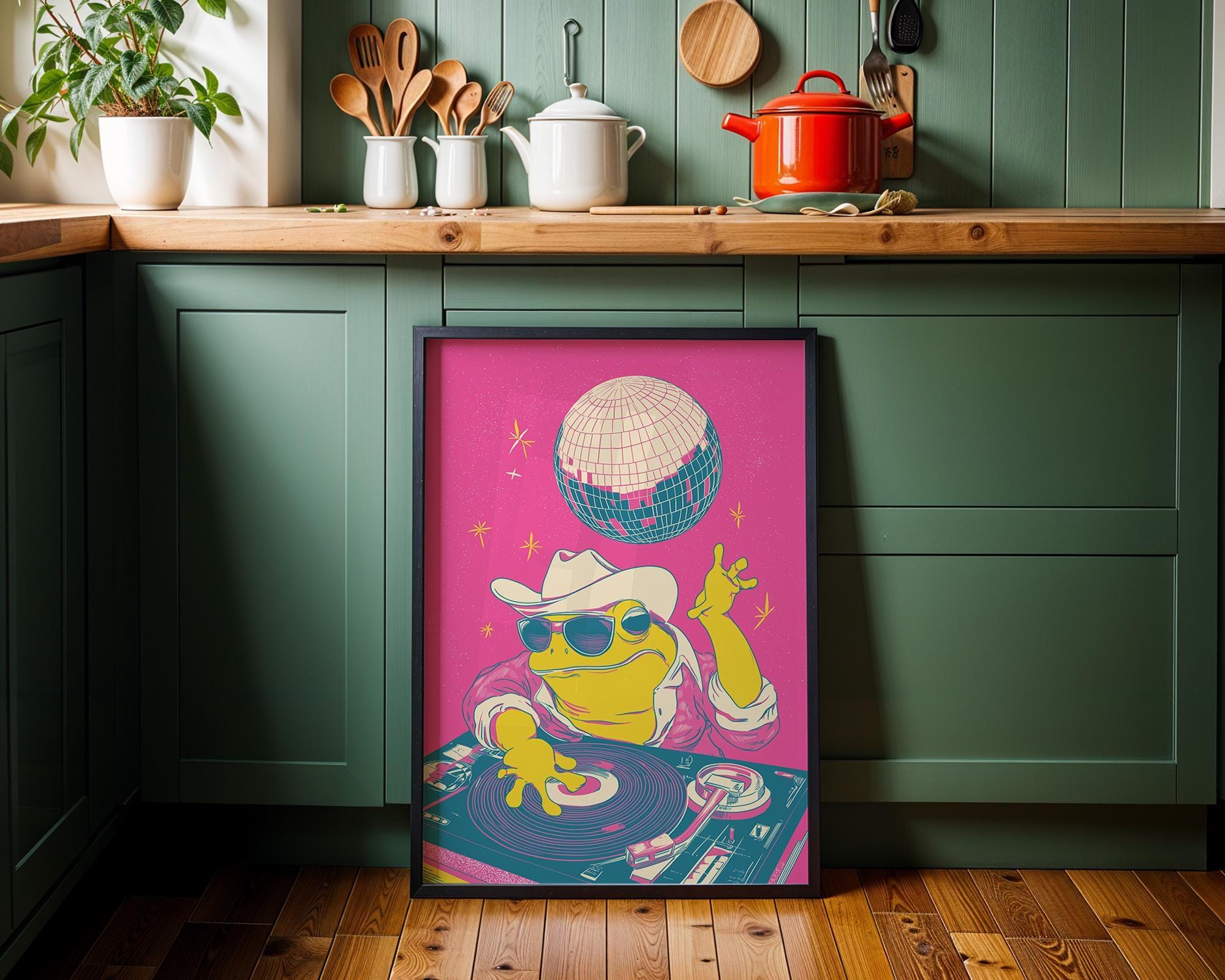 Frog DJ Disco Retro Animal Pink Maximalist Wall Art by The Wall Art Studio - physical