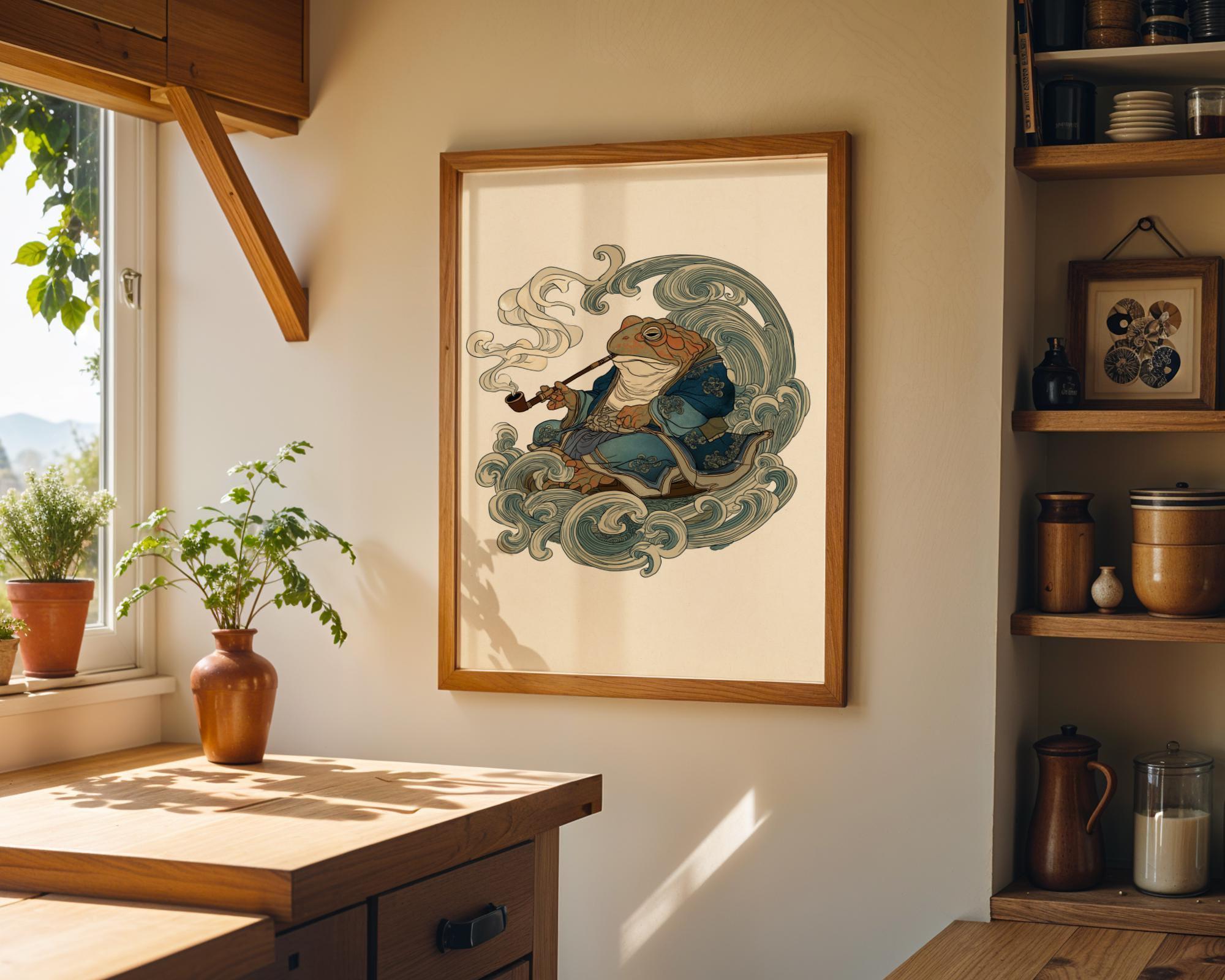 Japanese Whimsical Frog in Kimono, Yokai-Inspired Wall Art by The Wall Art Studio