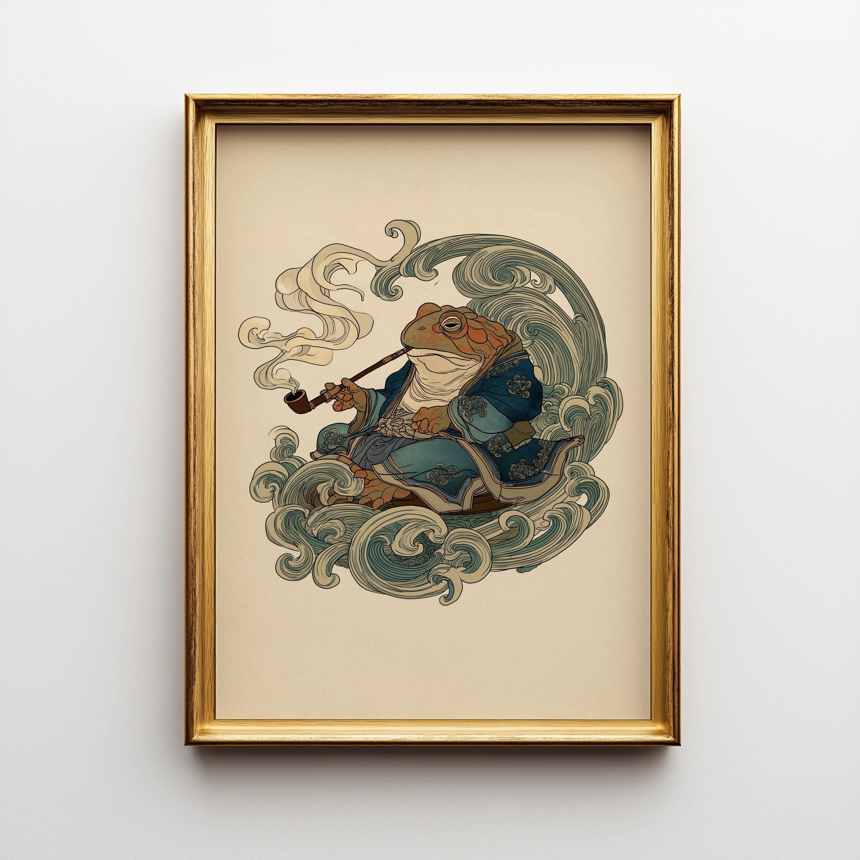 Japanese Whimsical Frog in Kimono, Yokai-Inspired Wall Art by The Wall Art Studio