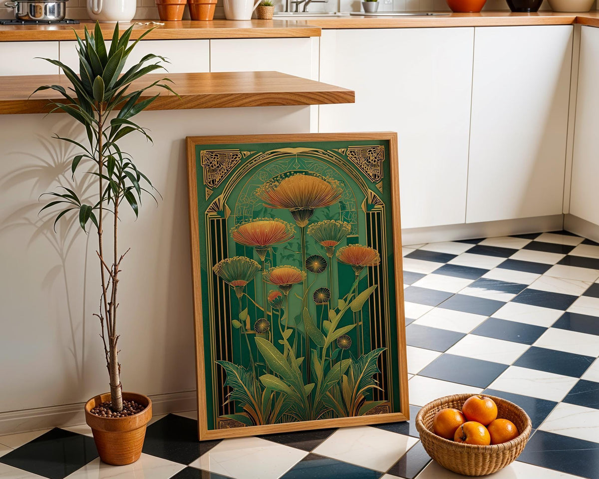 Green and Gold Botanical Print Art Nouveau Floral Wall Art by The Wall Art Studio - physical