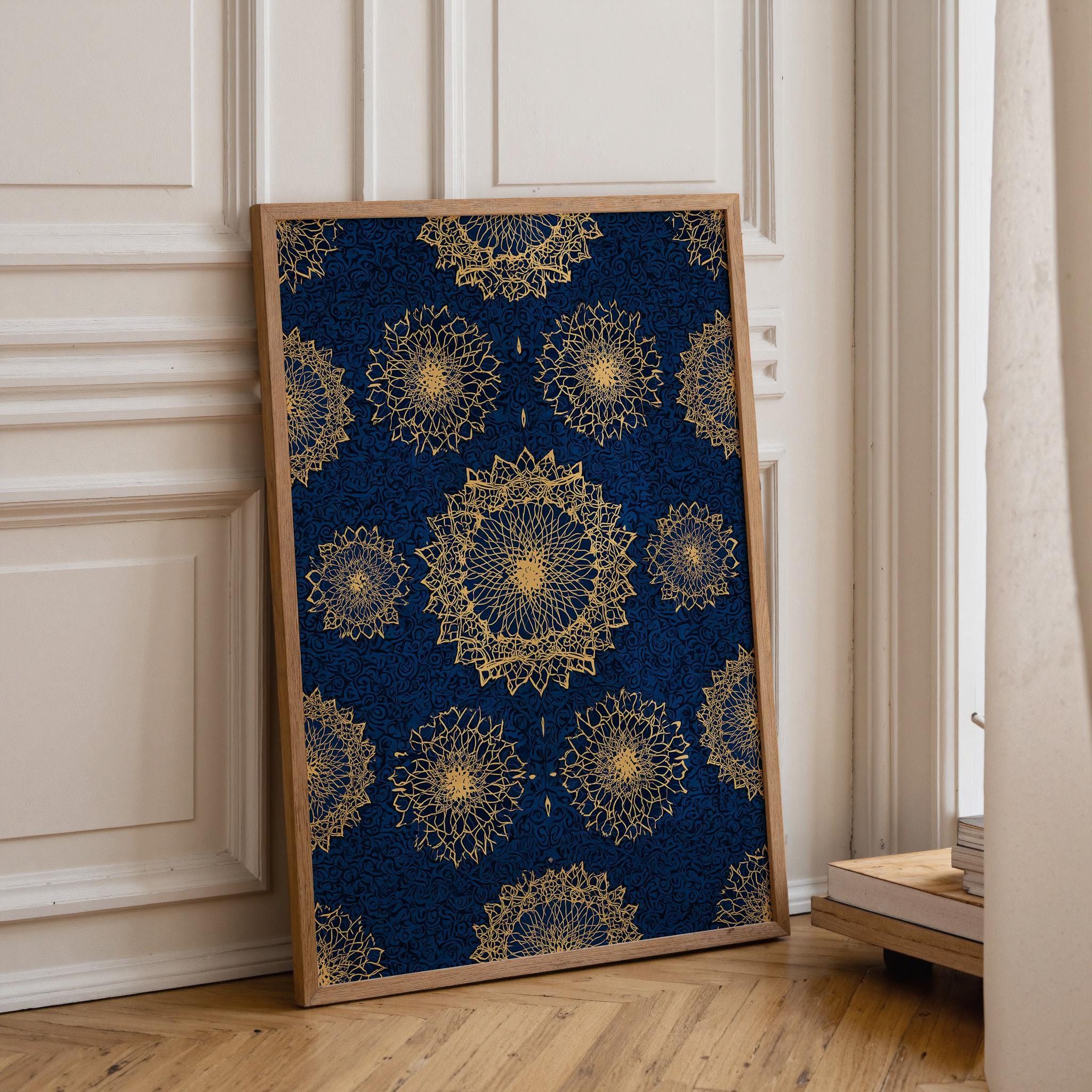 Islamic Geometric Pattern Blue & Gold Moroccan Tile Wall Art by The Wall Art Studio