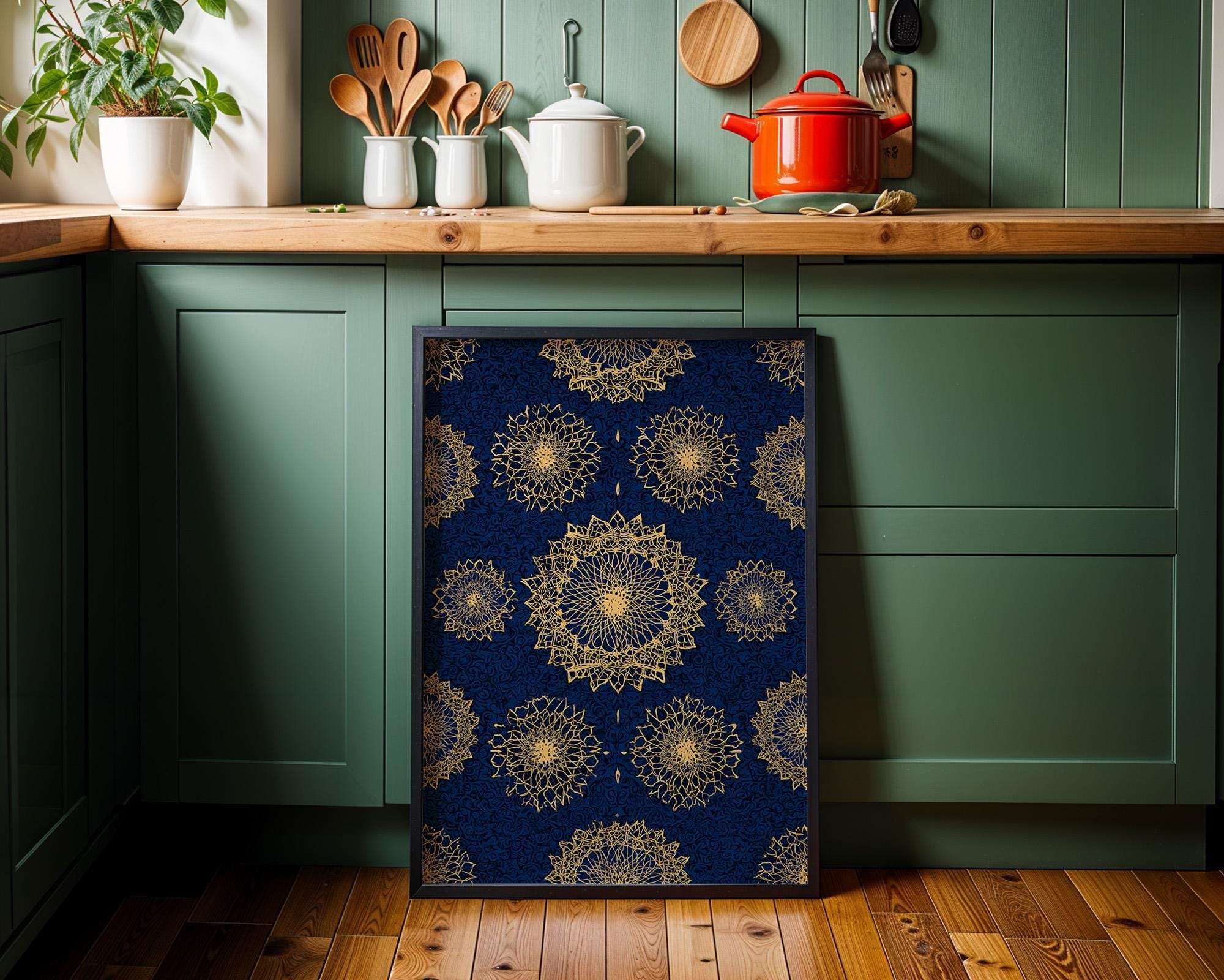 Islamic Geometric Pattern Blue & Gold Moroccan Tile Wall Art by The Wall Art Studio