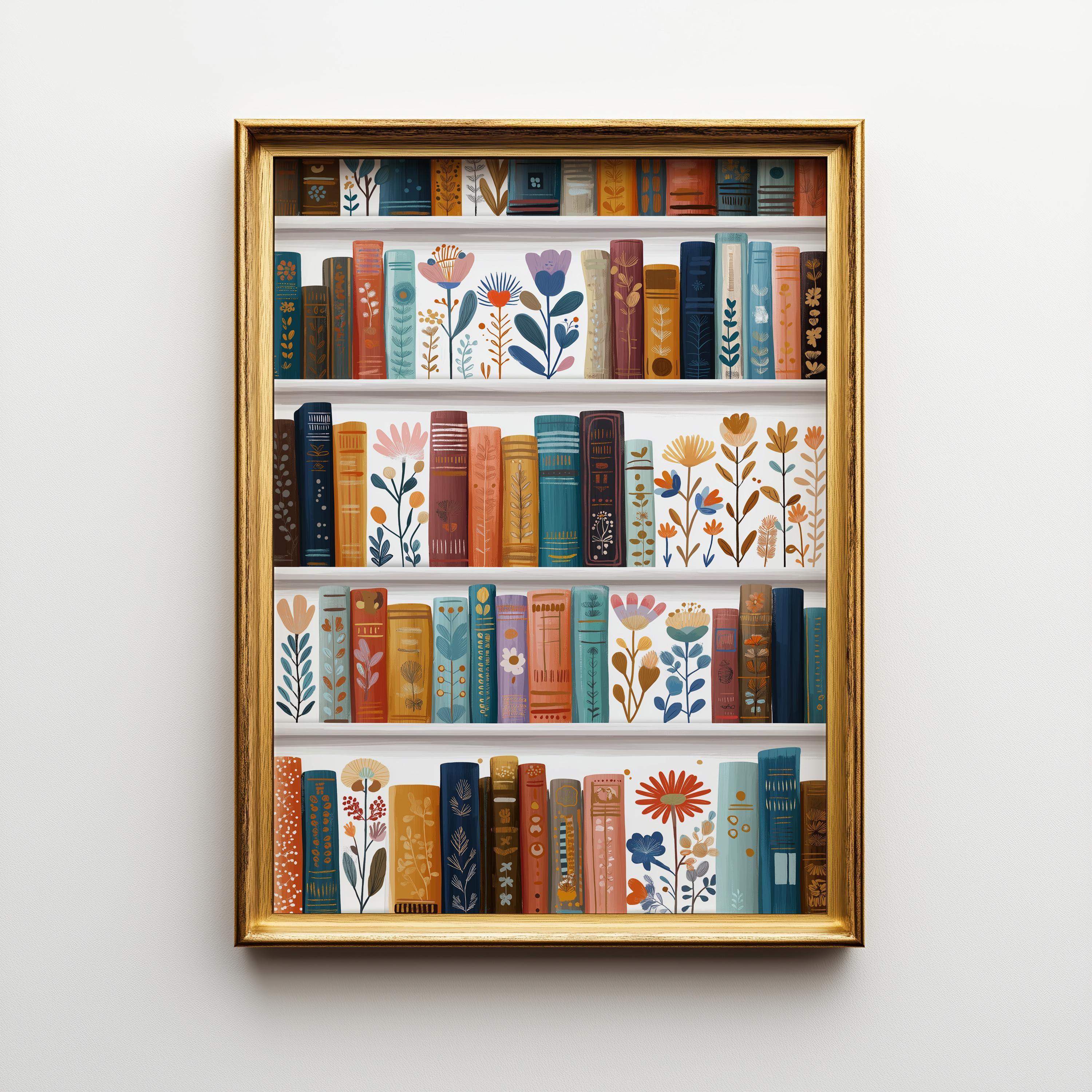 Floral Bookshelf Botanical Book LoverWhimsical Library Wall Art by The Wall Art Studio