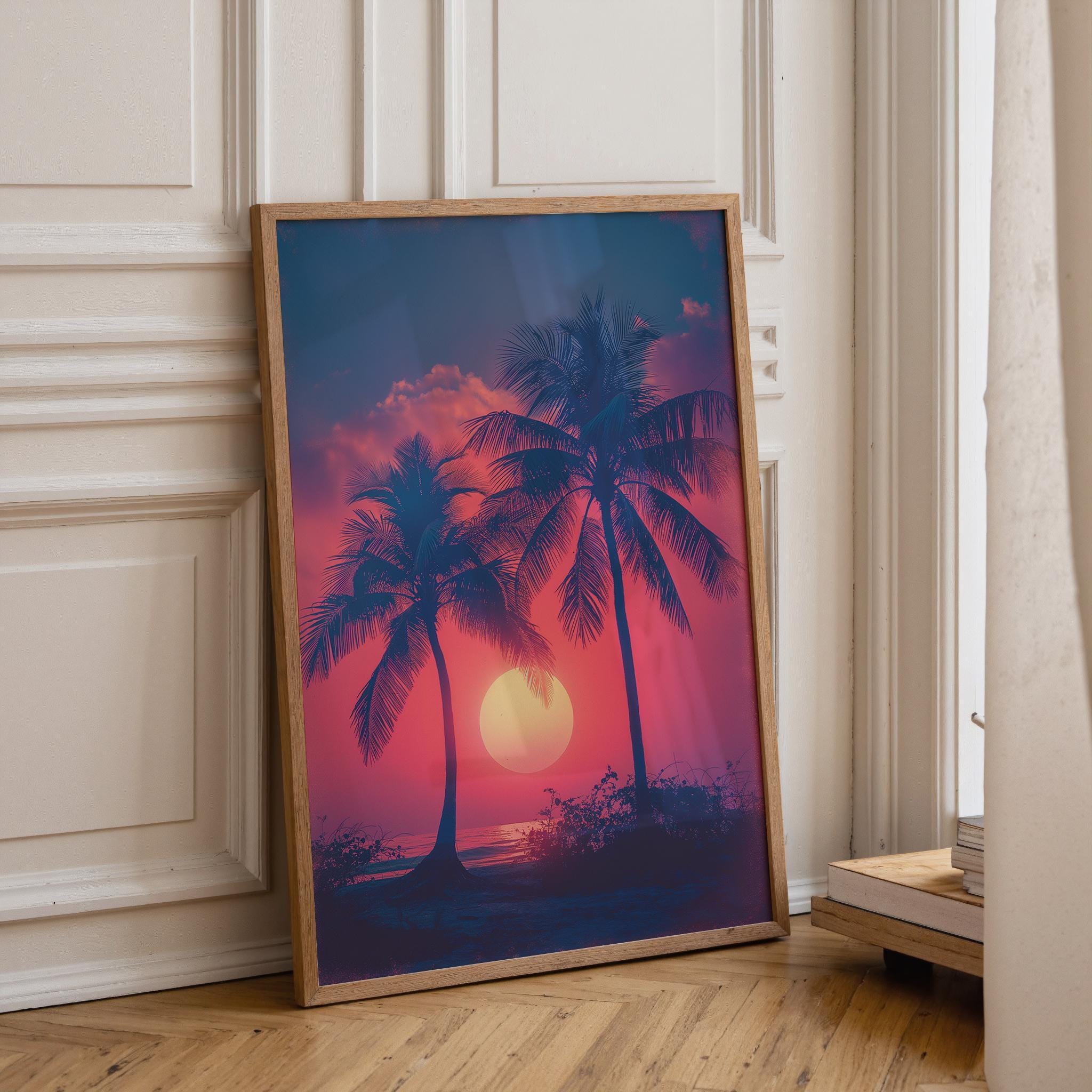 1980s Miami Sunset Retro Synthwave Palm Tree Wall Art by The Wall Art Studio