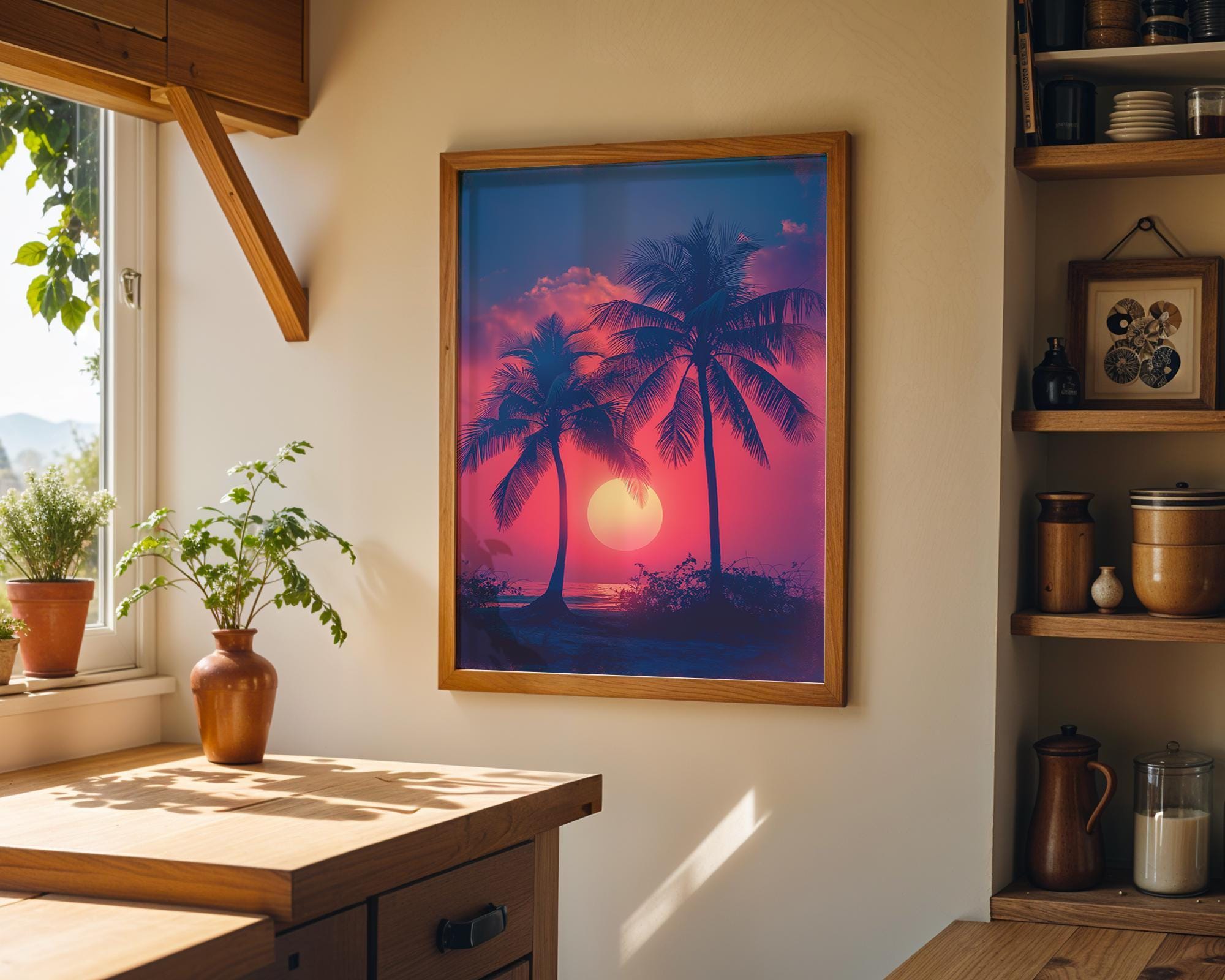 1980s Miami Sunset Retro Synthwave Palm Tree Wall Art by The Wall Art Studio