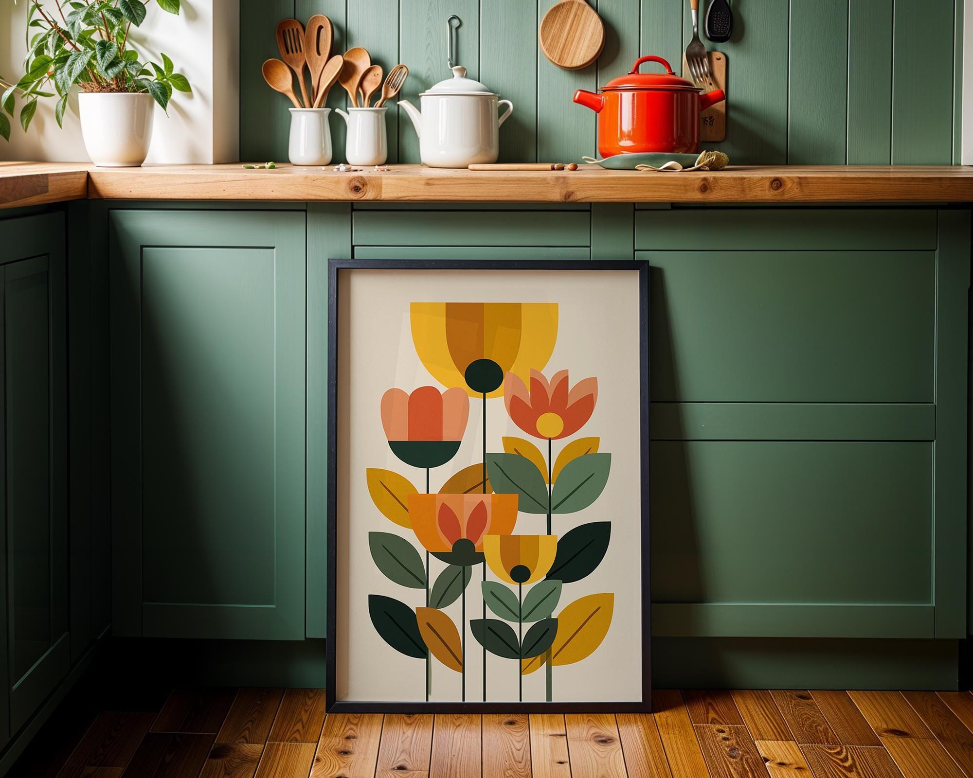 Mid Century Modern Floral Retro Abstract Flower Wall Art by The Wall Art Studio