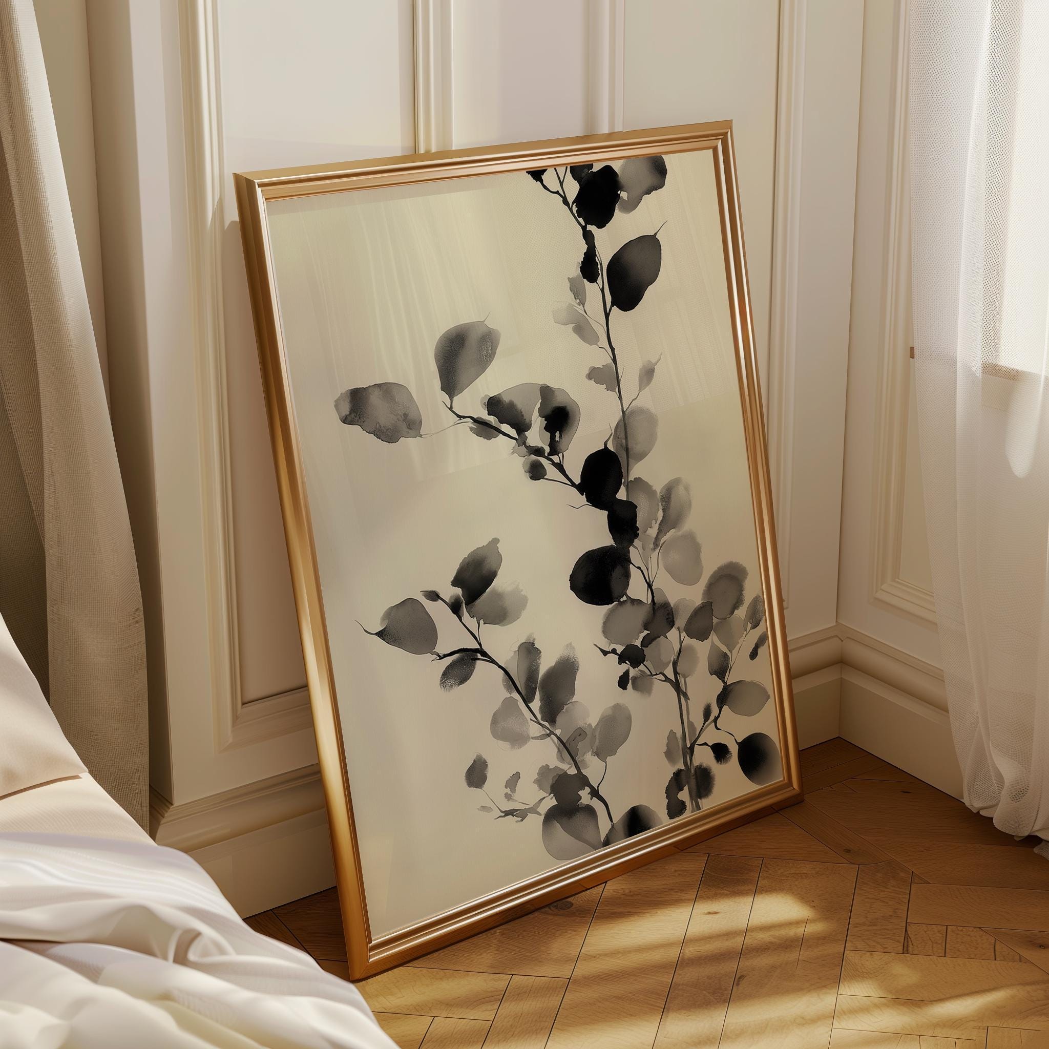 Minimalist Botanical Black Ink Floral Japandi Botanical Wall Art