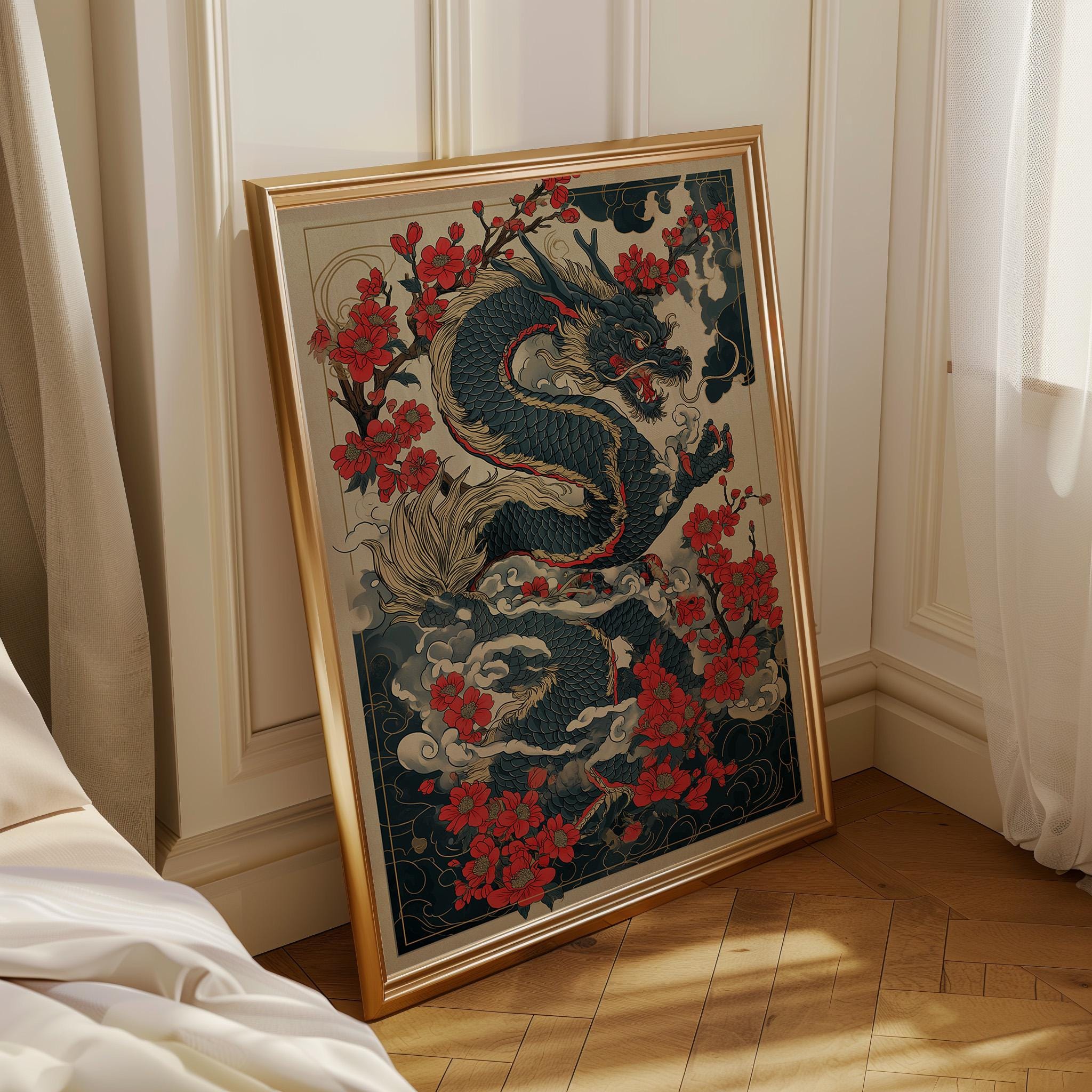 Japanese Dragon Cherry Blossom Oriental Tattoo Style Wall Art