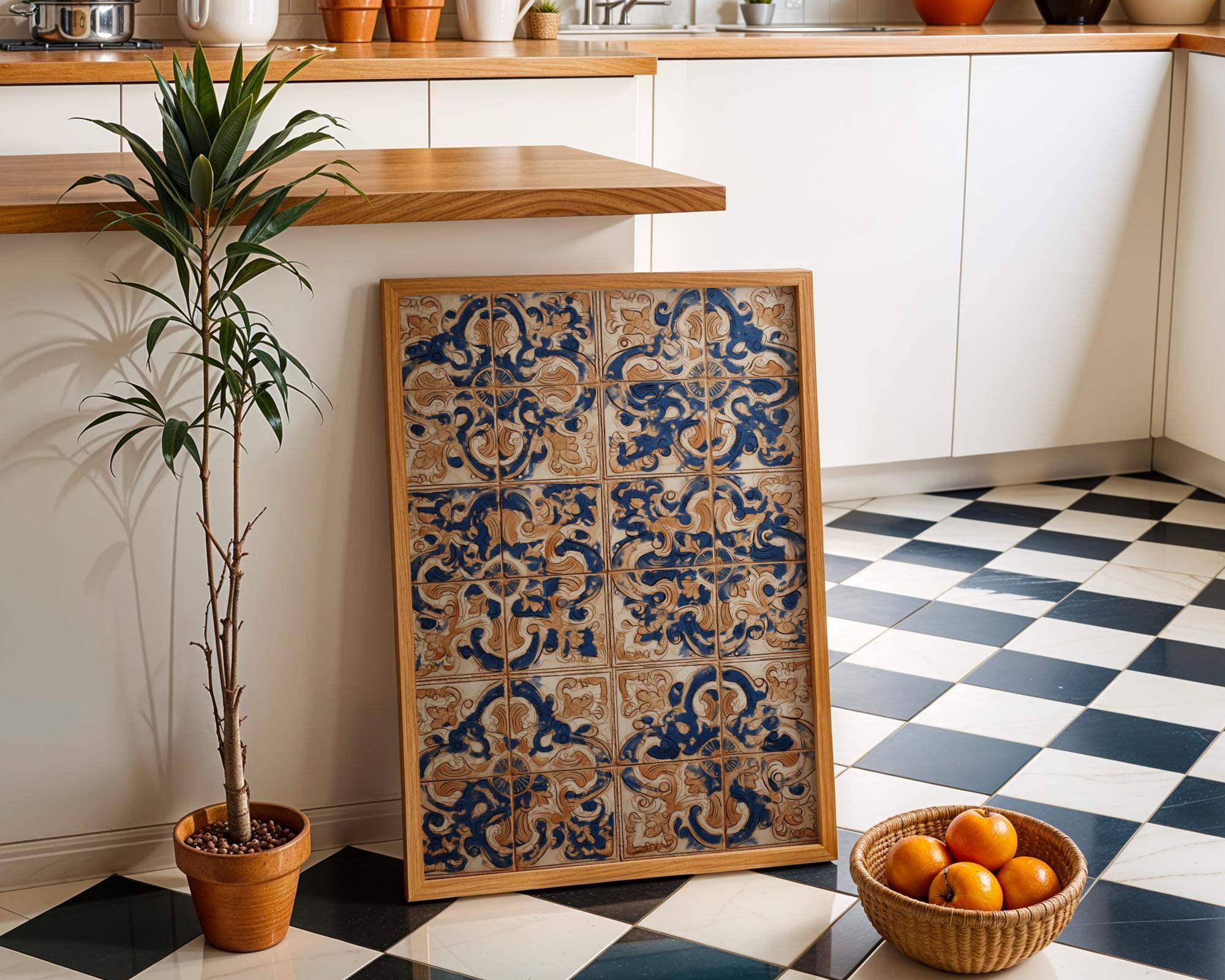 Spanish Tile Pattern Wall Art Mediterranean Azulejos Blue & Terracotta Ceramic Style Wall Art