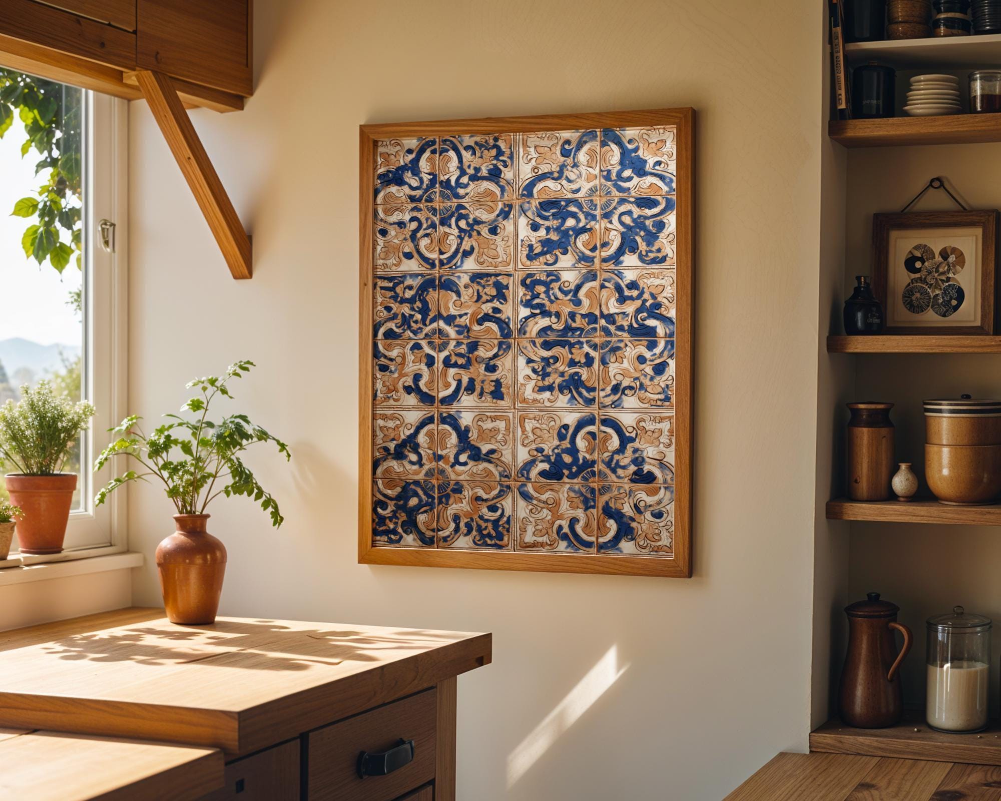 Spanish Tile Pattern Wall Art Mediterranean Azulejos Blue & Terracotta Ceramic Style Wall Art