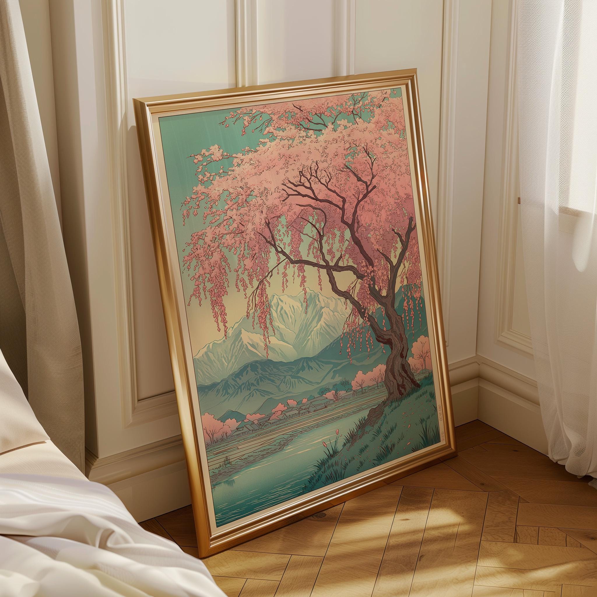 Japanese Cherry Blossom Sakura Tree Pink Floral Mountain Wall Art by The Wall Art Studio