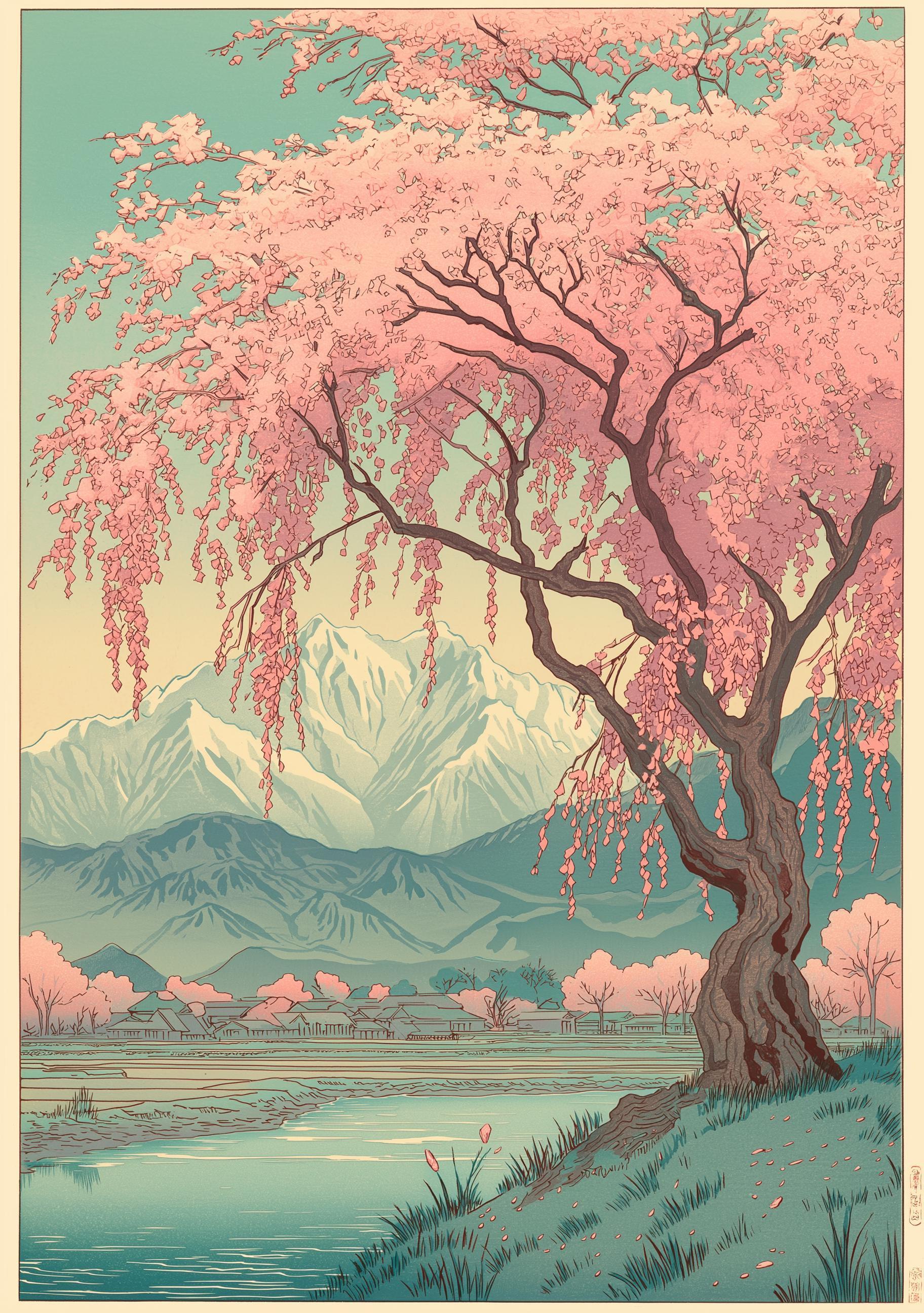Japanese Cherry Blossom Sakura Tree Pink Floral Mountain Wall Art by The Wall Art Studio