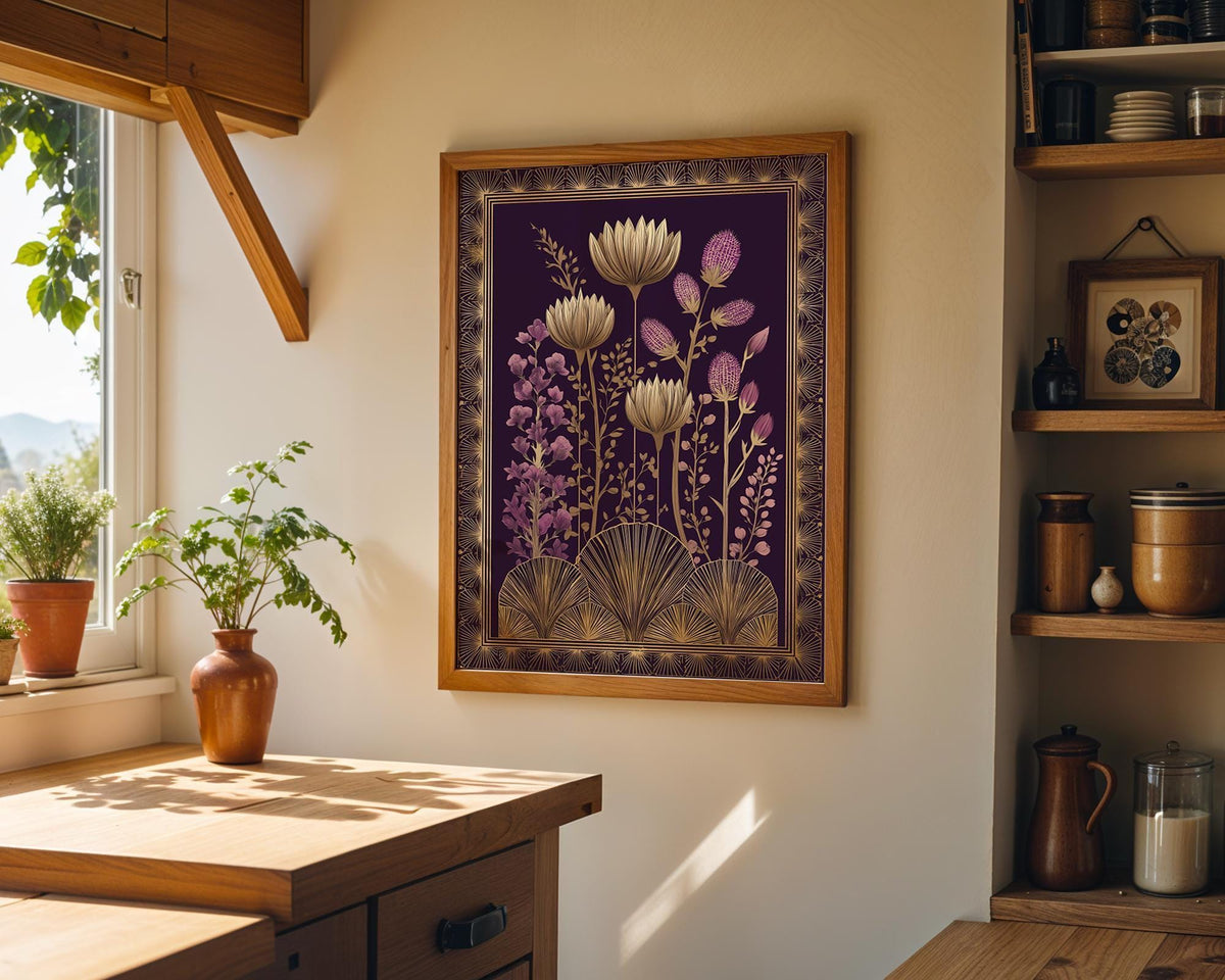 Dark Academia Gold Floral Art Deco Botanical Flower Wall Art by The Wall Art Studio