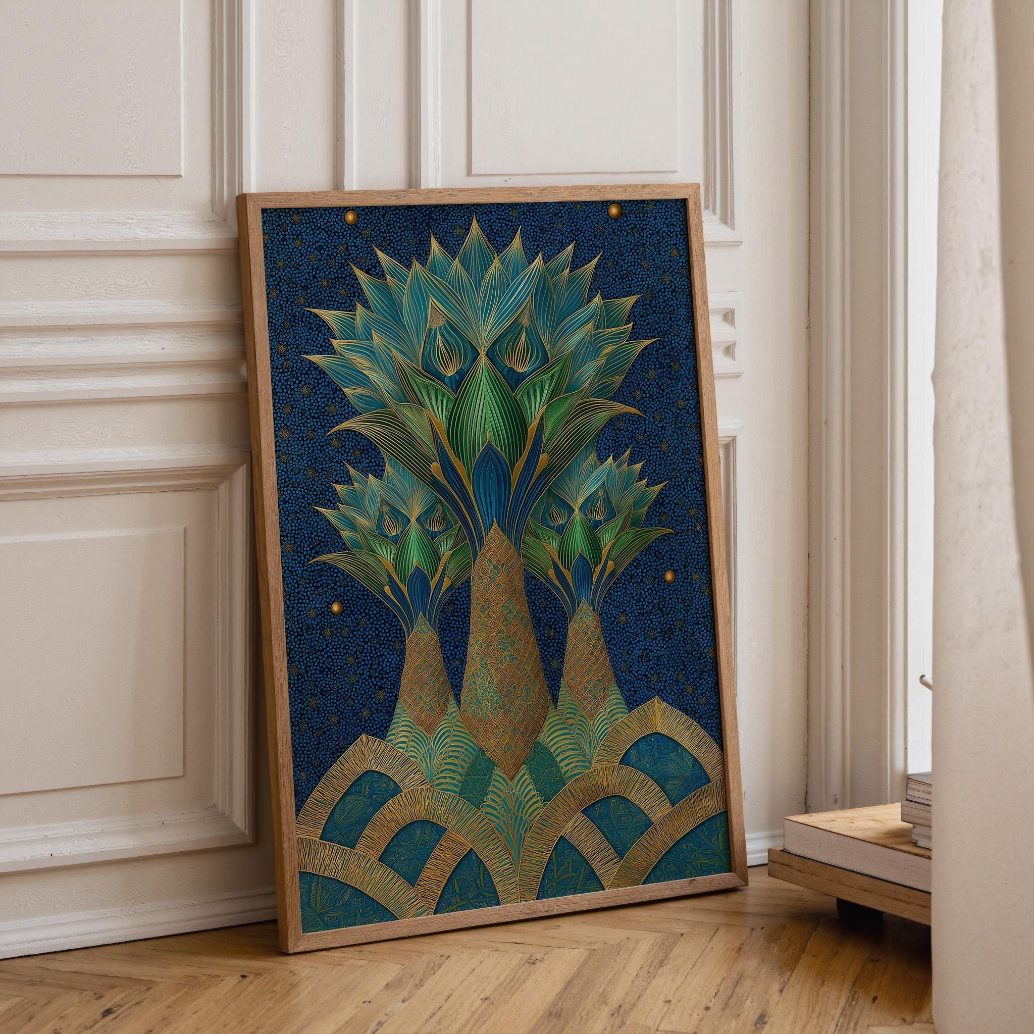 Islamic Palm Tree Blue & Gold Moroccan Wall Art by The Wall Art Studio