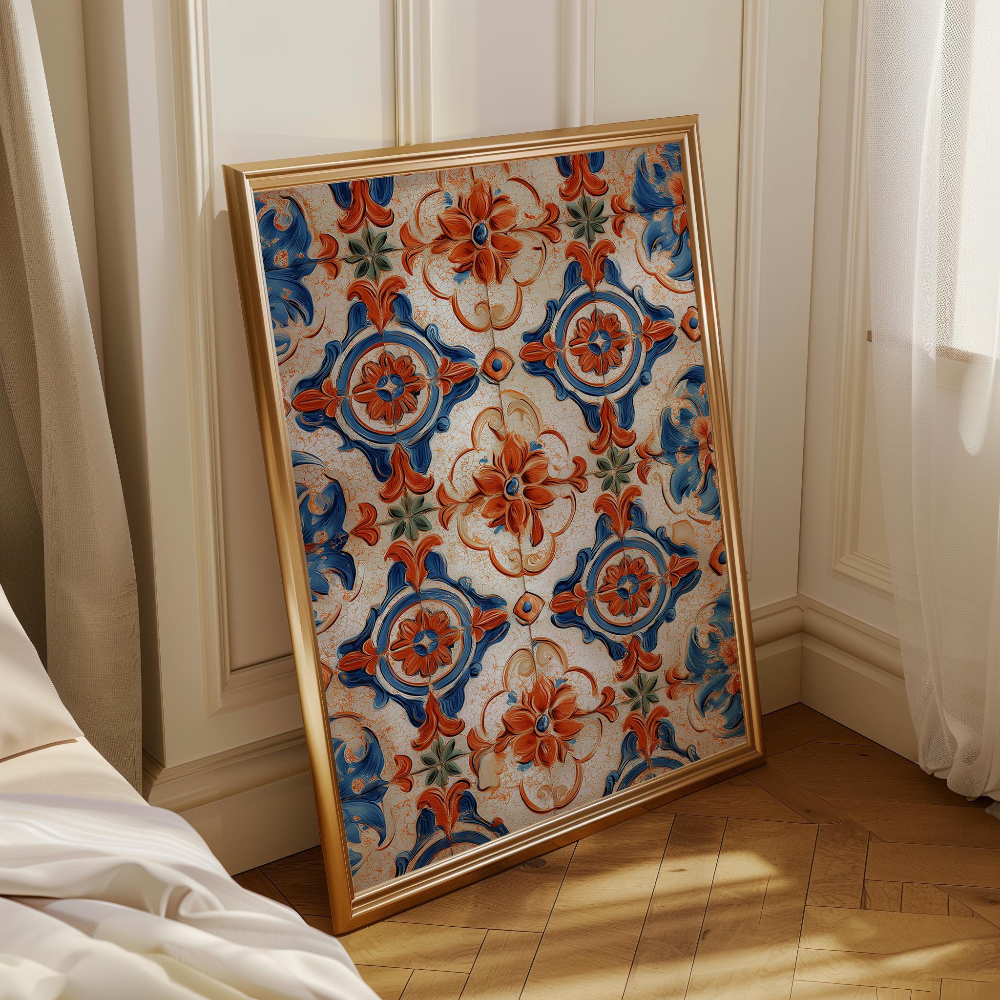 Spanish Tile Pattern Mediterranean Azulejos Blue & Terracotta Ceramic Style Wall Art