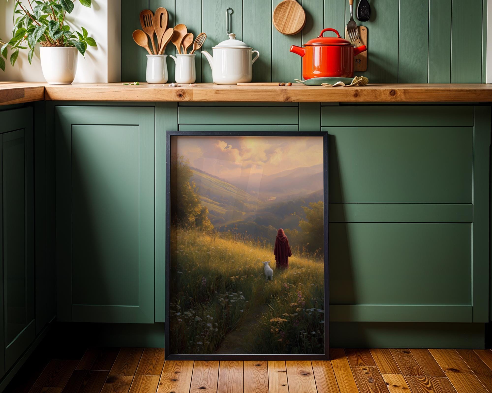 Jesus Walking with Lamb Faith Landscape Religious Wall Art by The Wall Art Studio